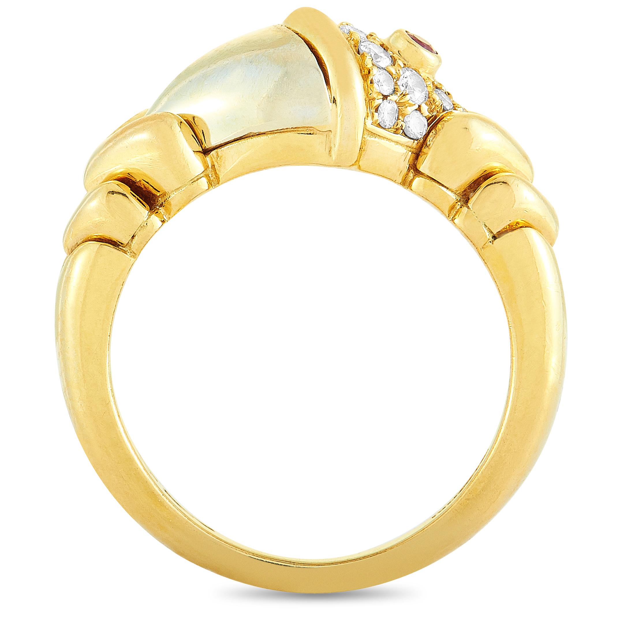 This Bvlgari ring is made out of 18K yellow and white gold and boasts band thickness of 2 mm and top height of 6 mm, while top dimensions measure 20 by 9 mm. The ring is set with diamonds and a ruby and weighs 7.6 grams.

Offered in estate