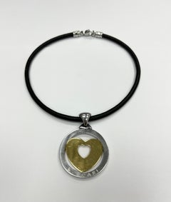 BVLGARI Yellow Gold and Steel Large Heart Pendant Leather Necklace