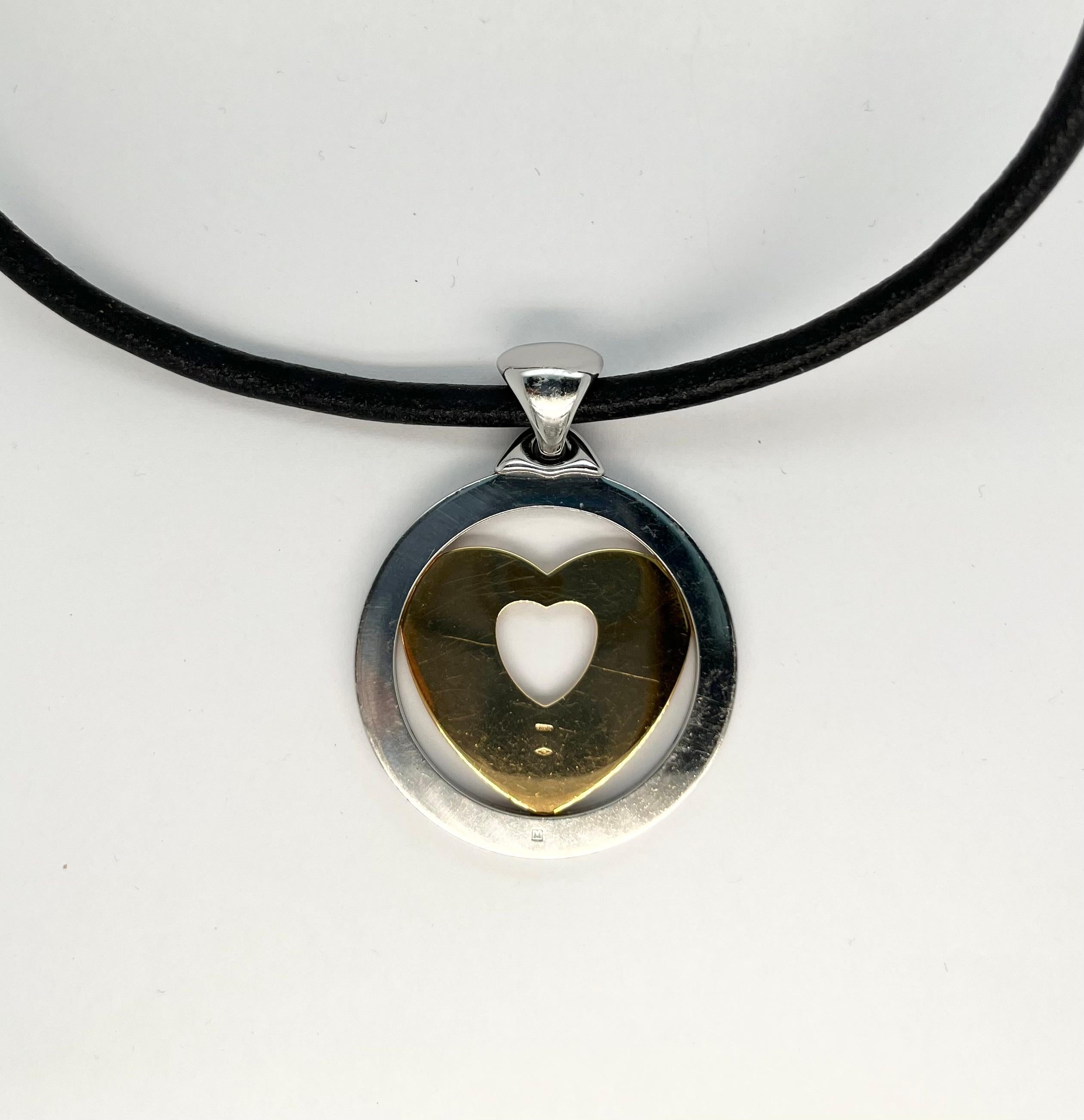 Moderne BVLGARI Yellow Gold and Steel Large Heart Pendant Leather Necklace en vente