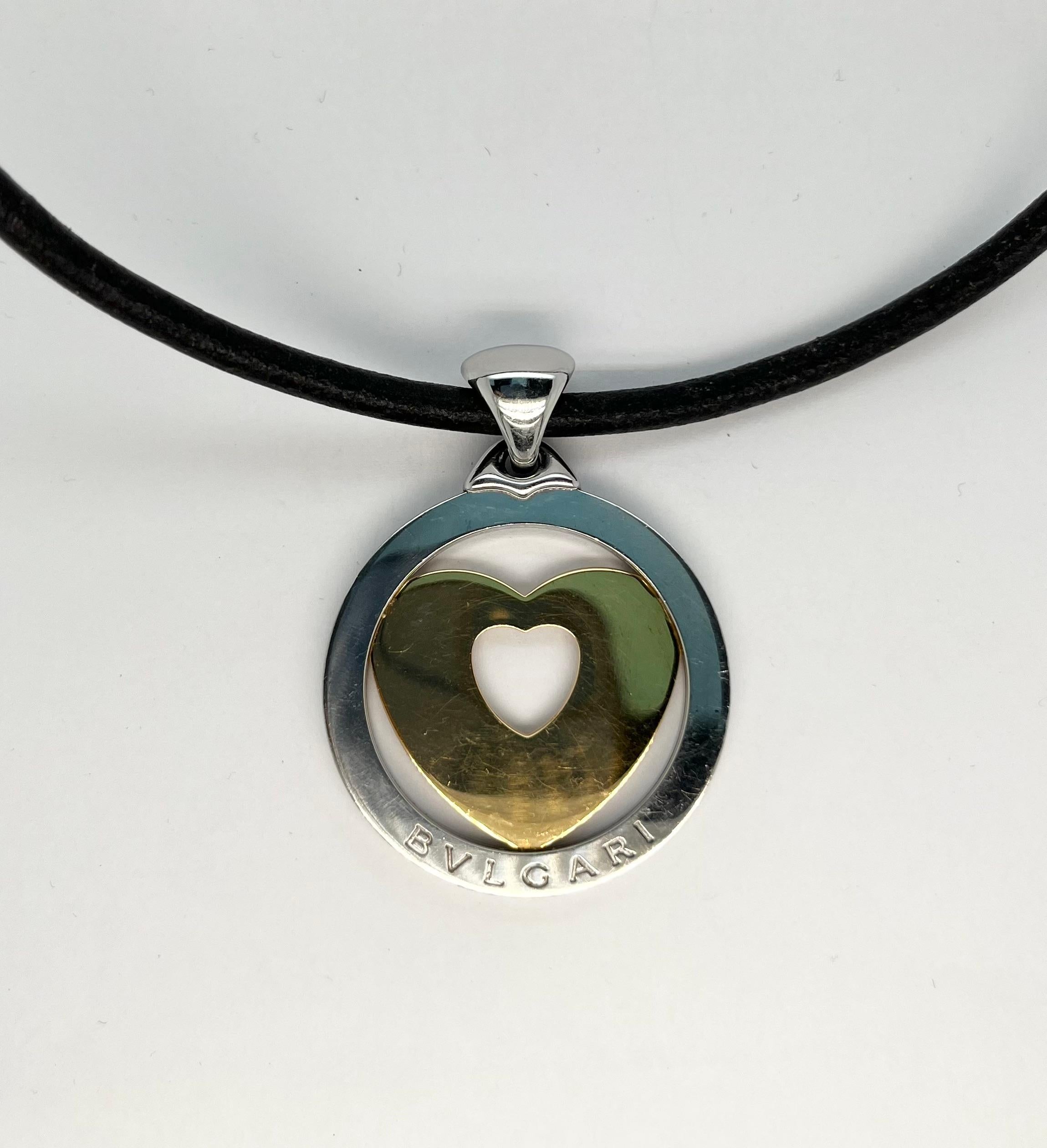 BVLGARI Yellow Gold and Steel Large Heart Pendant Leather Necklace In Good Condition For Sale In New York, NY