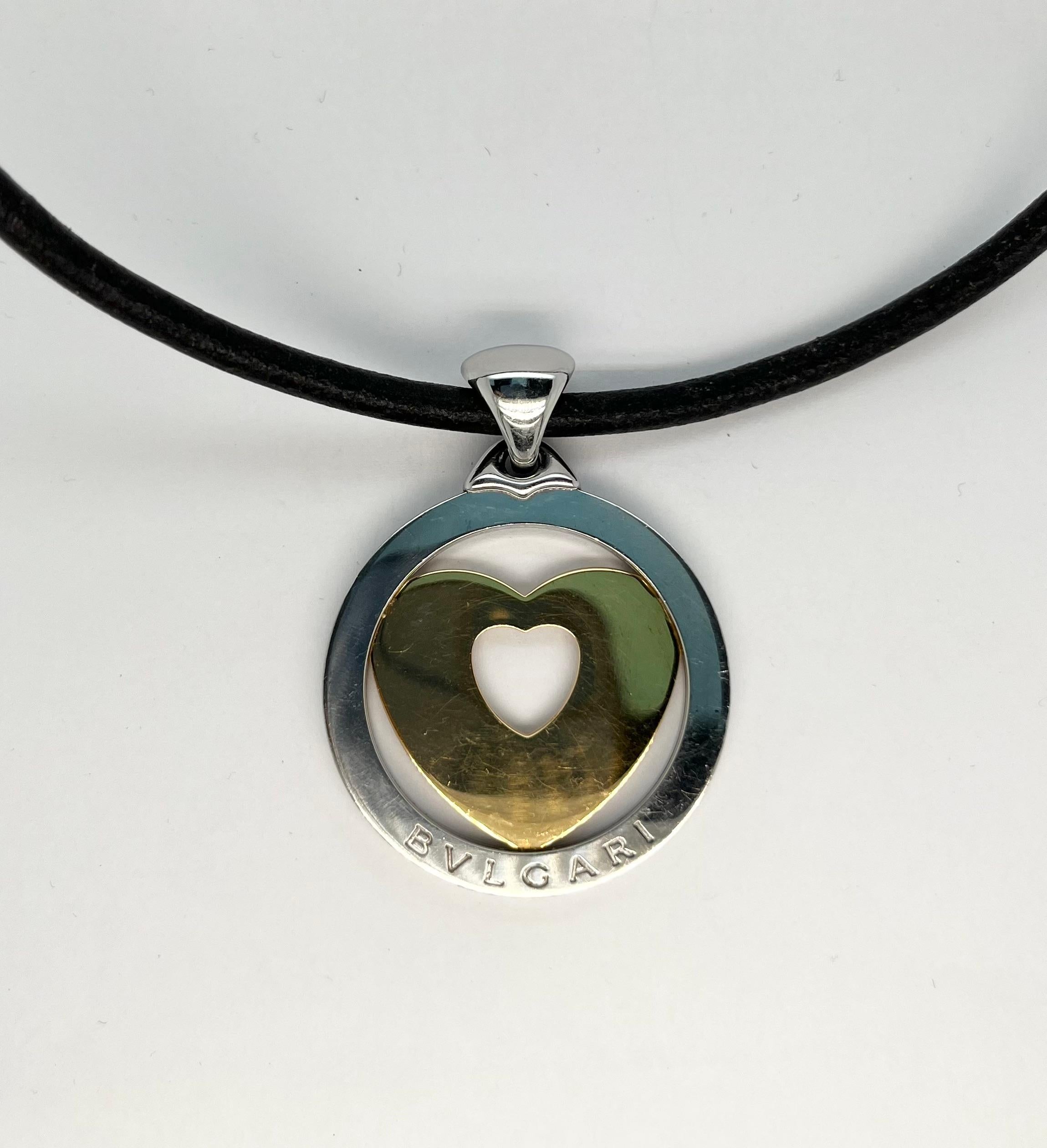 BVLGARI Yellow Gold and Steel Large Heart Pendant Leather Necklace Bon état - En vente à New York, NY