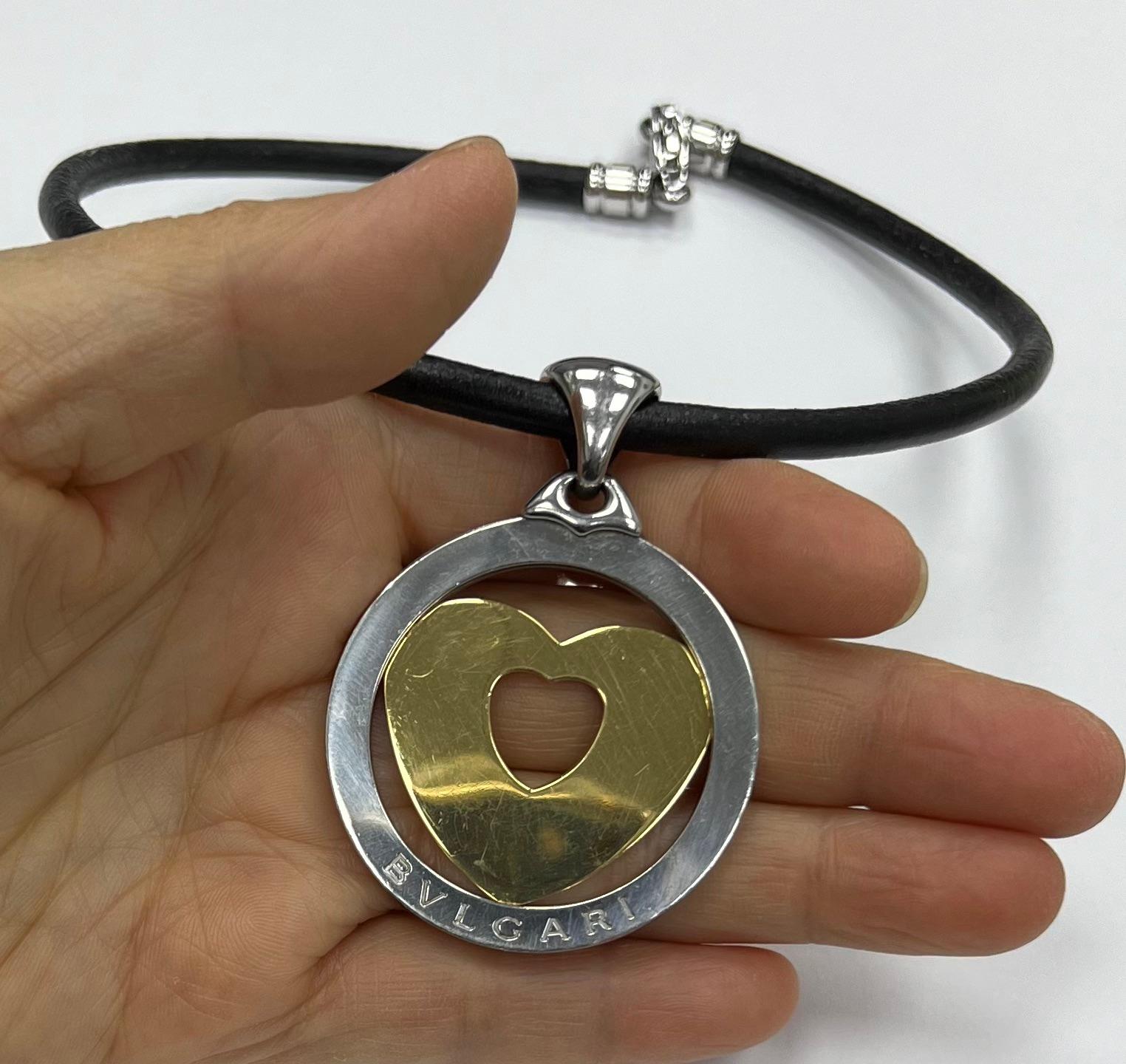 BVLGARI Yellow Gold and Steel Large Heart Pendant Leather Necklace Unisexe en vente