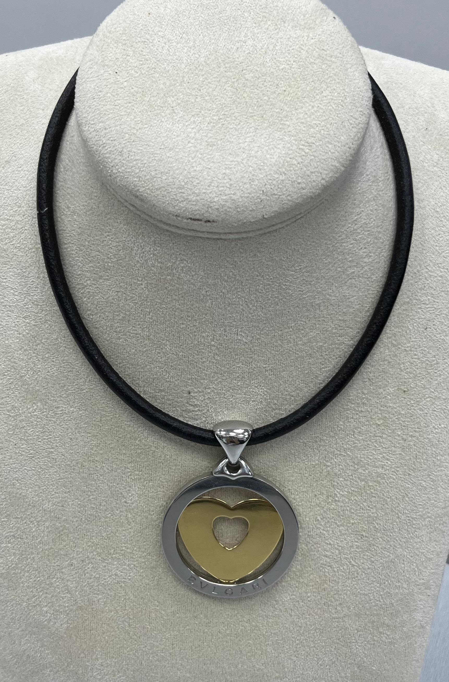 BVLGARI Yellow Gold and Steel Large Heart Pendant Leather Necklace For Sale 3