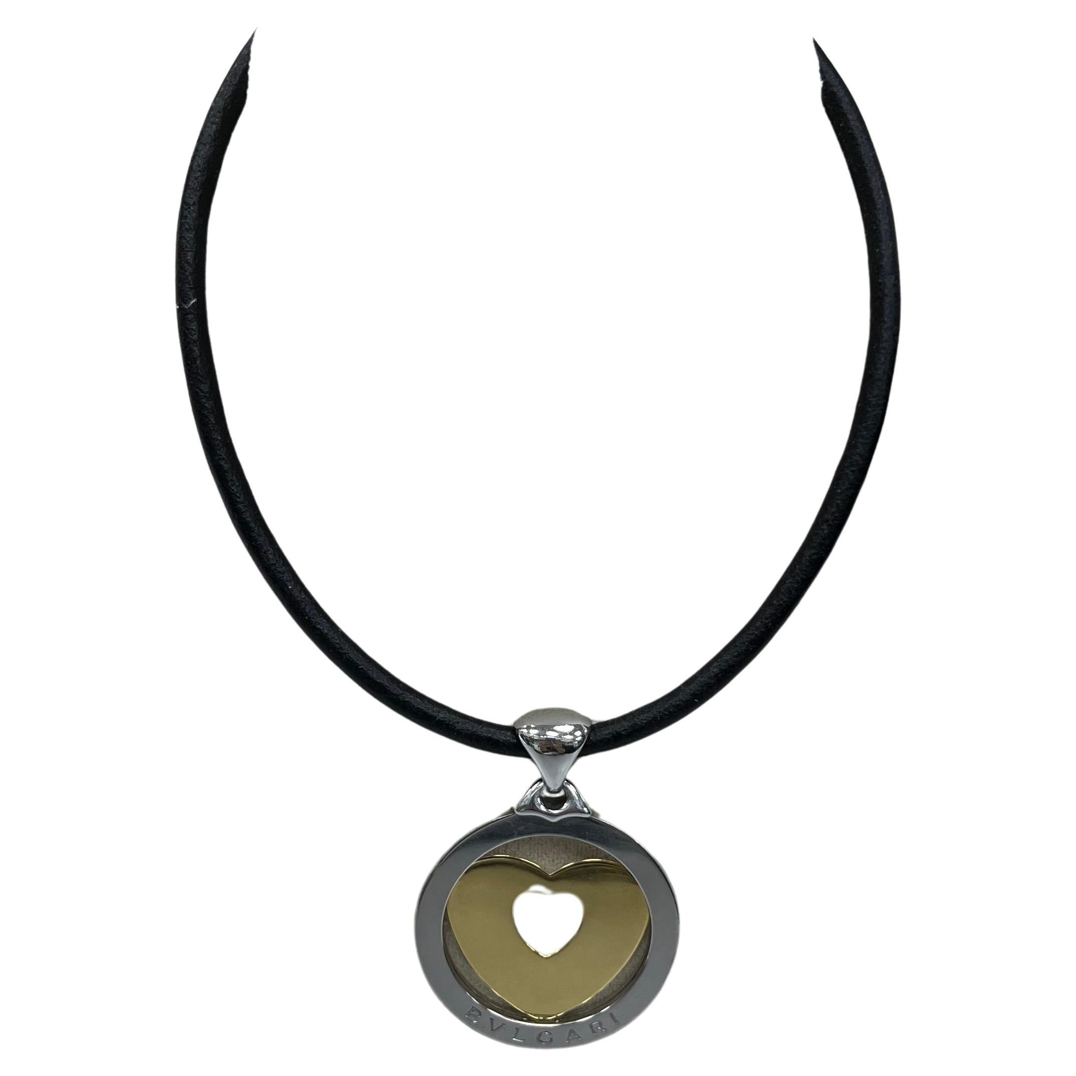 BVLGARI Yellow Gold and Steel Large Heart Pendant Leather Necklace