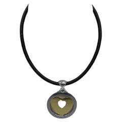 Vintage BVLGARI Yellow Gold and Steel Large Heart Pendant Leather Necklace