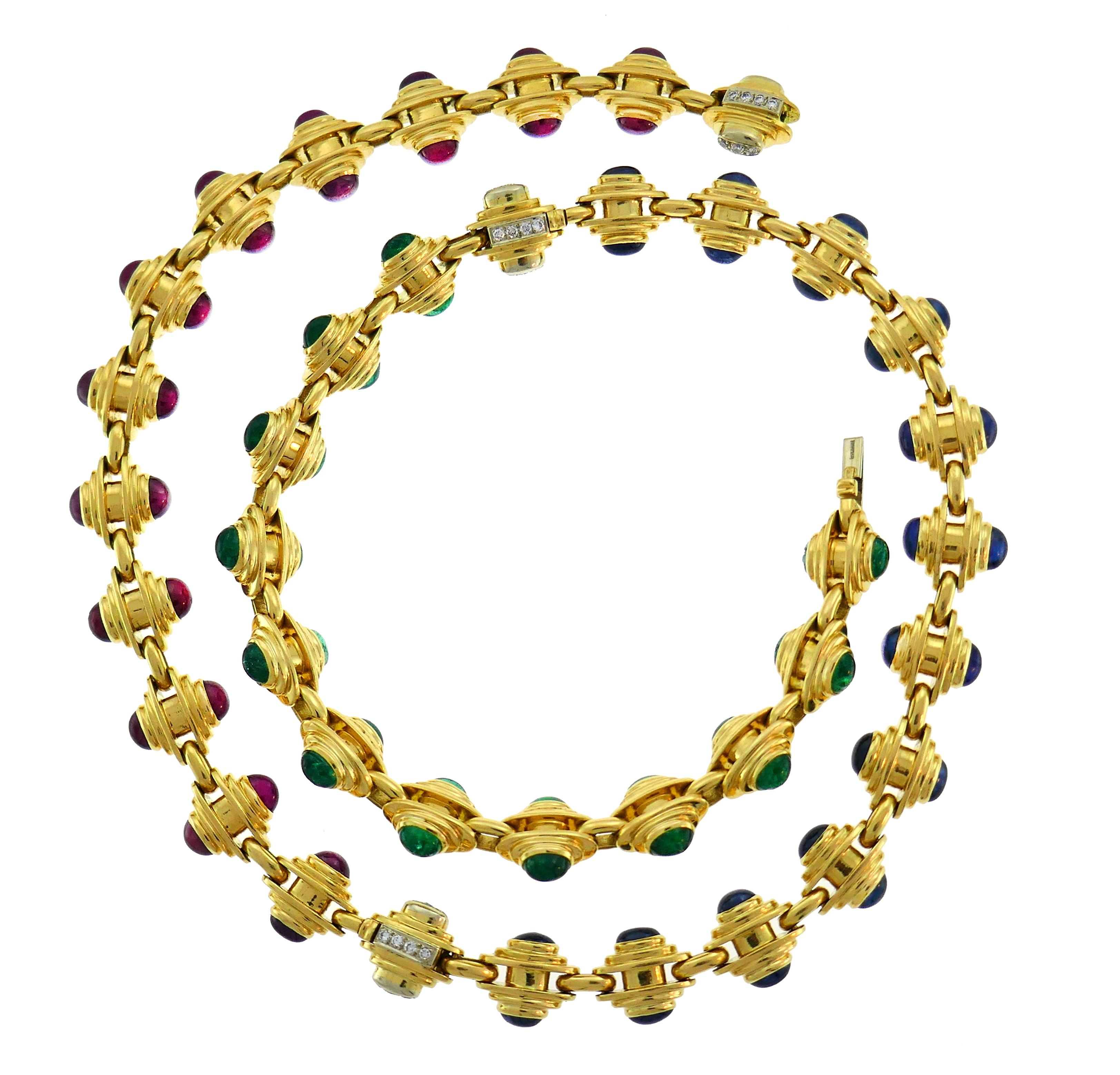 Bvlgari Gold Chain Necklace Bracelet Set with Gemstones Bulgari, 1980s In Good Condition In Beverly Hills, CA