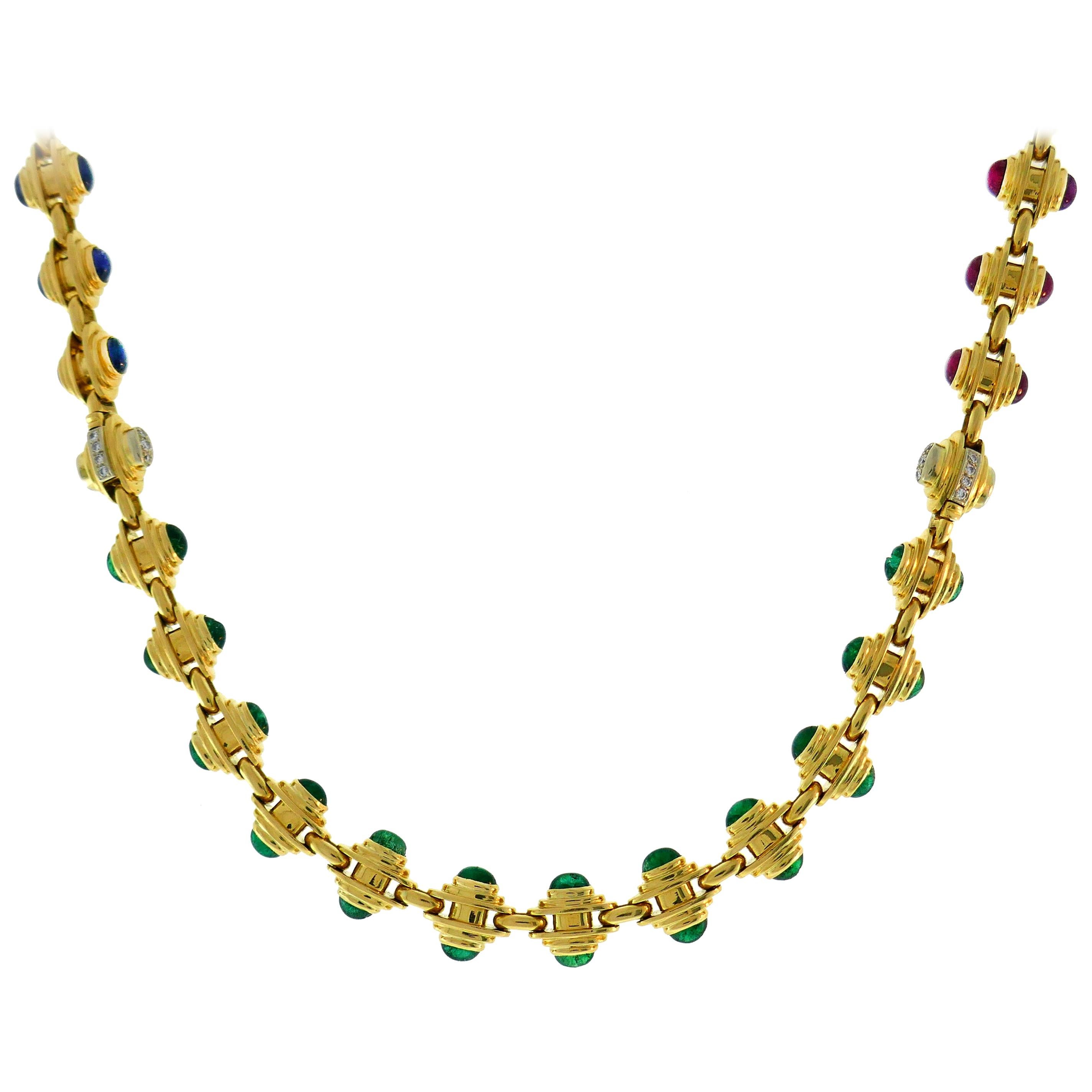 Bvlgari Gold Chain Necklace Bracelet Set with Gemstones Bulgari, 1980s