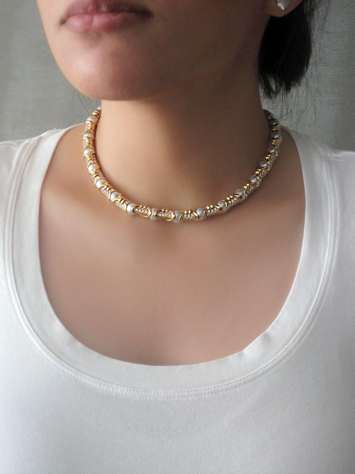 Round Cut Bvlgari, Yellow Gold Diamond and Cultured Pearl Necklace