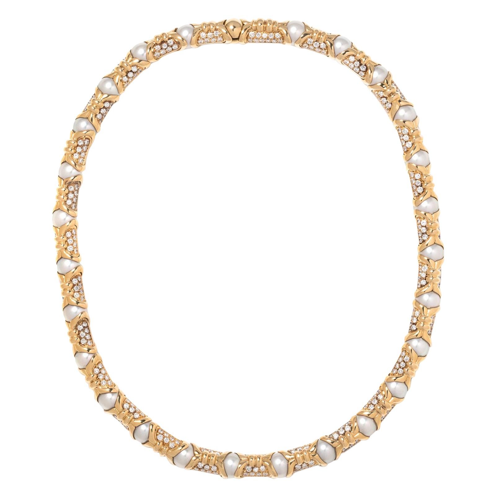 Bvlgari, Yellow Gold Diamond and Cultured Pearl Necklace