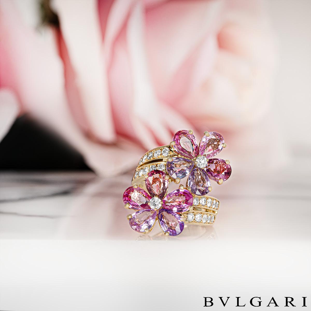 Mixed Cut Bvlgari Yellow Gold Diamond Sapphire Flower Ring For Sale