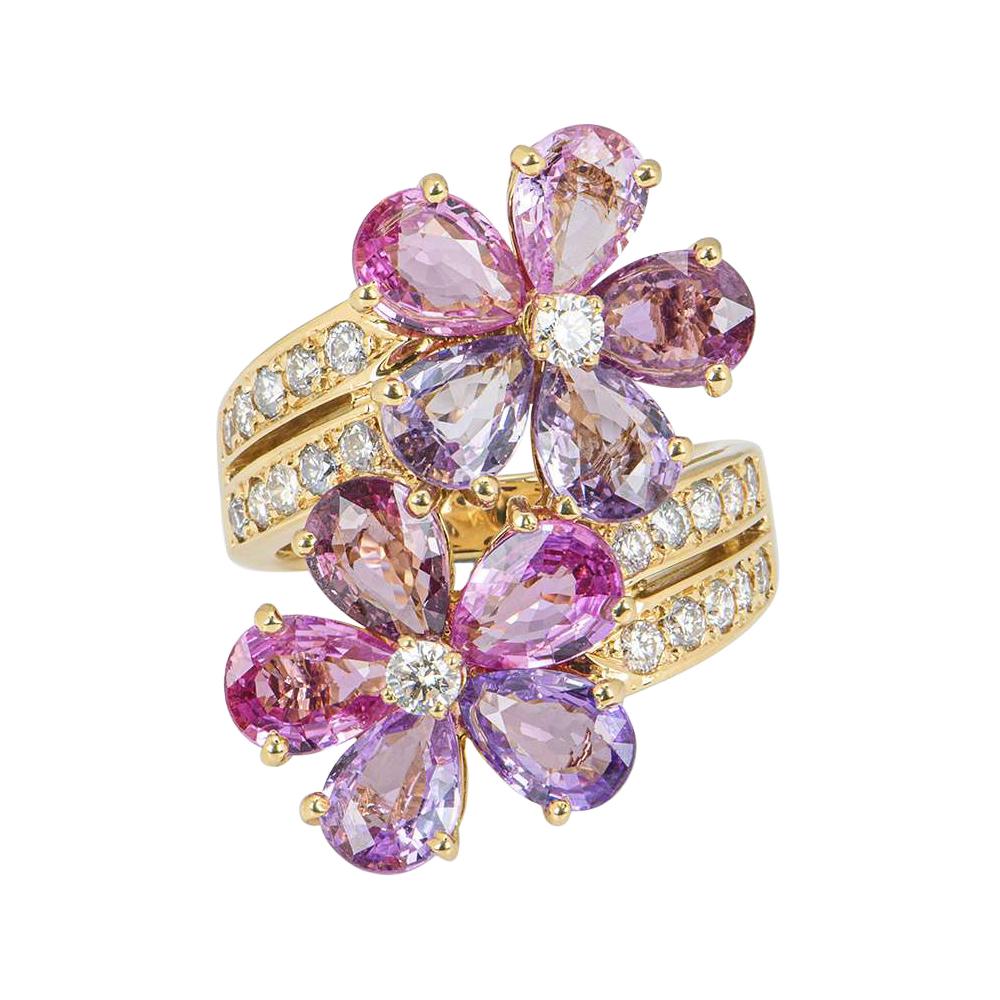 Bvlgari Yellow Gold Diamond Sapphire Flower Ring For Sale