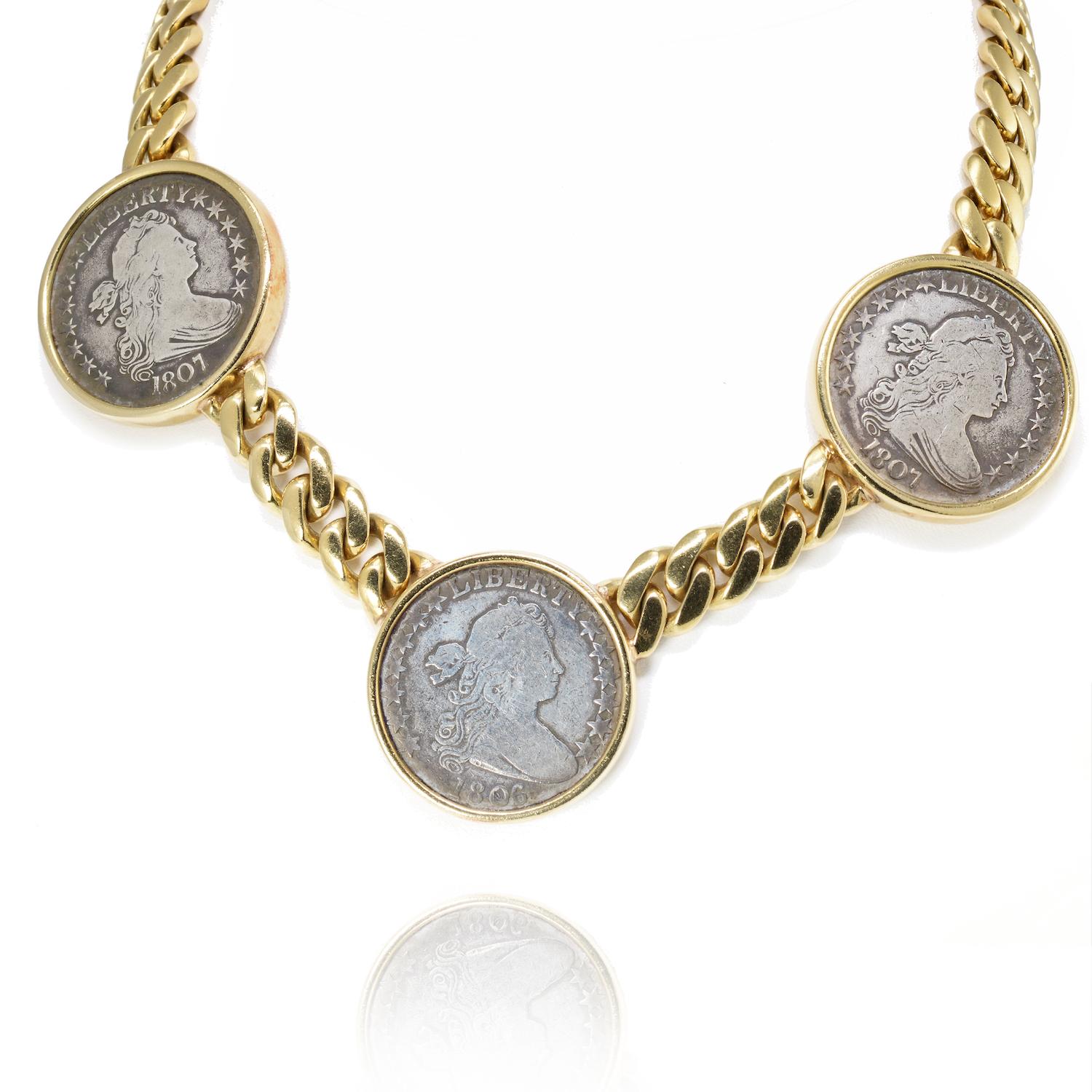 Rare Authentic Bvlgari Bi-centennial 3-Coin Necklace in 18K Yellow Gold. Weight is 195 g with coins and given each coin weighs 10.25 g the total 18k gold weight is 164.25 g.

You will be hard-pressed to find another Bvlgari necklace like this;  the