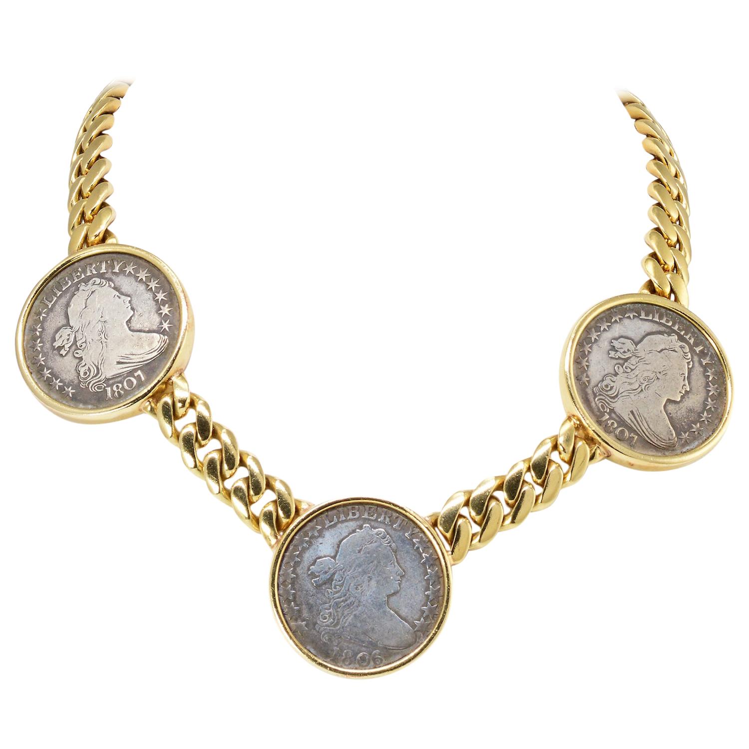 Bvlgari Yellow Gold Large Three Coin Chain Choker Necklace