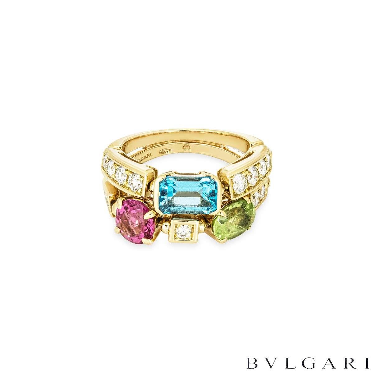 Brilliant Cut Bvlgari Yellow Gold Multi Gem Allegra Ring Size 51 AN852169 For Sale