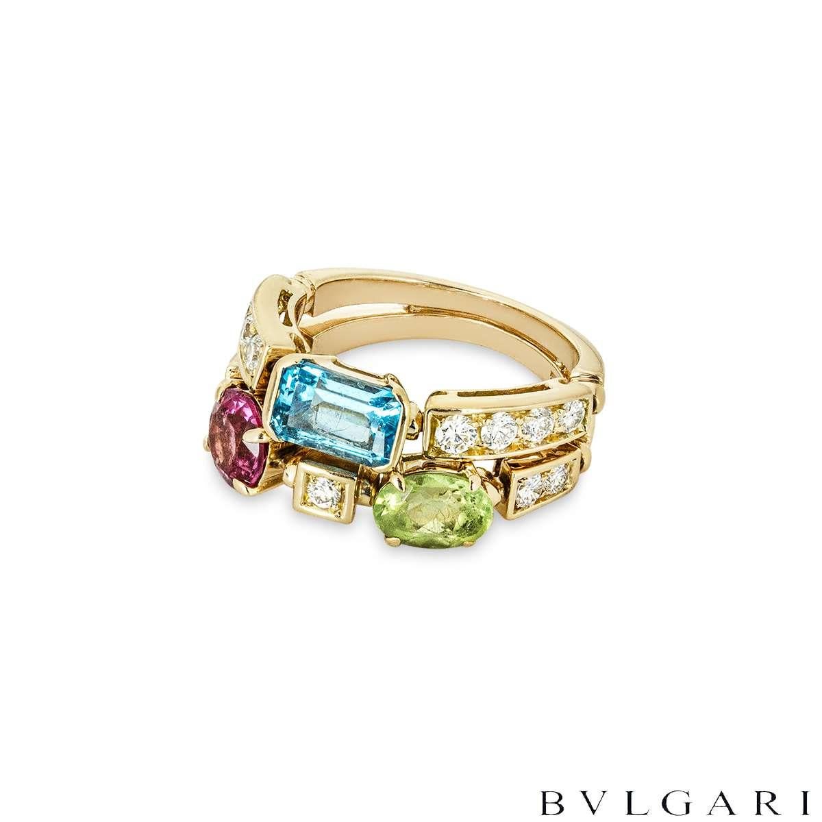 Bvlgari Yellow Gold Multi Gem Allegra Ring Size 51 AN852169 In Excellent Condition For Sale In Mayfair, London, London