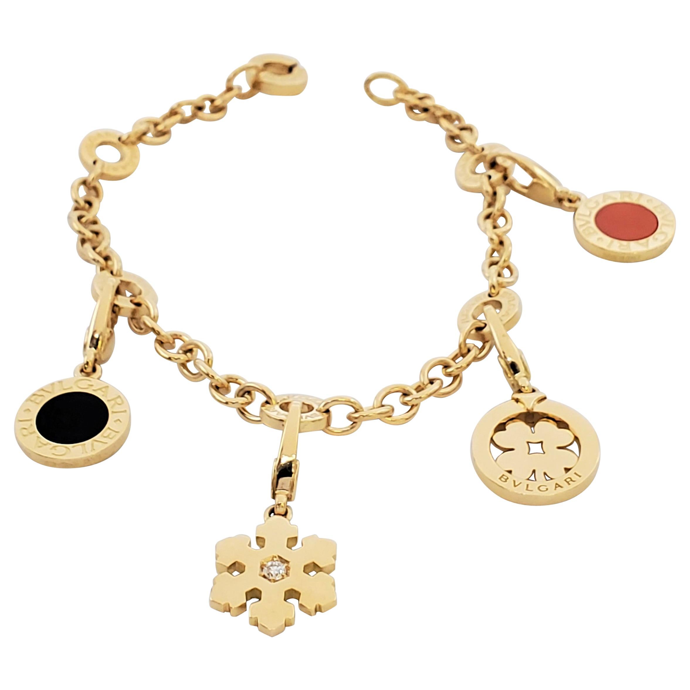 Bvlgari Yellow Gold Onyx Coral and Diamond Charm Bracelet