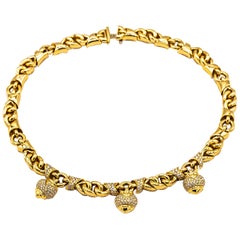 Bvlgari Yellow Gold Pavè Diamond Choker with 3 Dangling Hearts Necklace