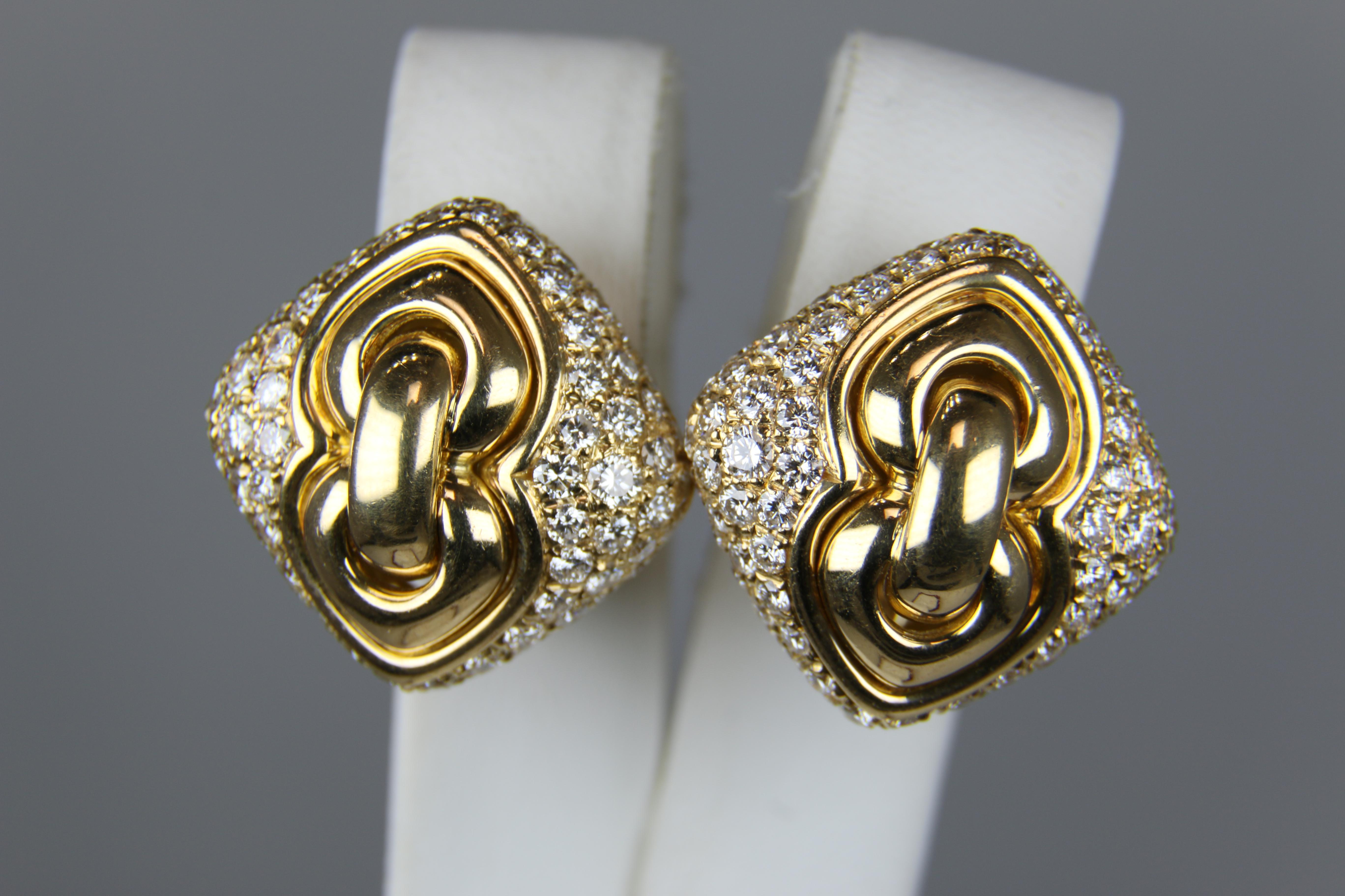 Modern Bulgari Yellow Gold Pave Diamond Square Earrings