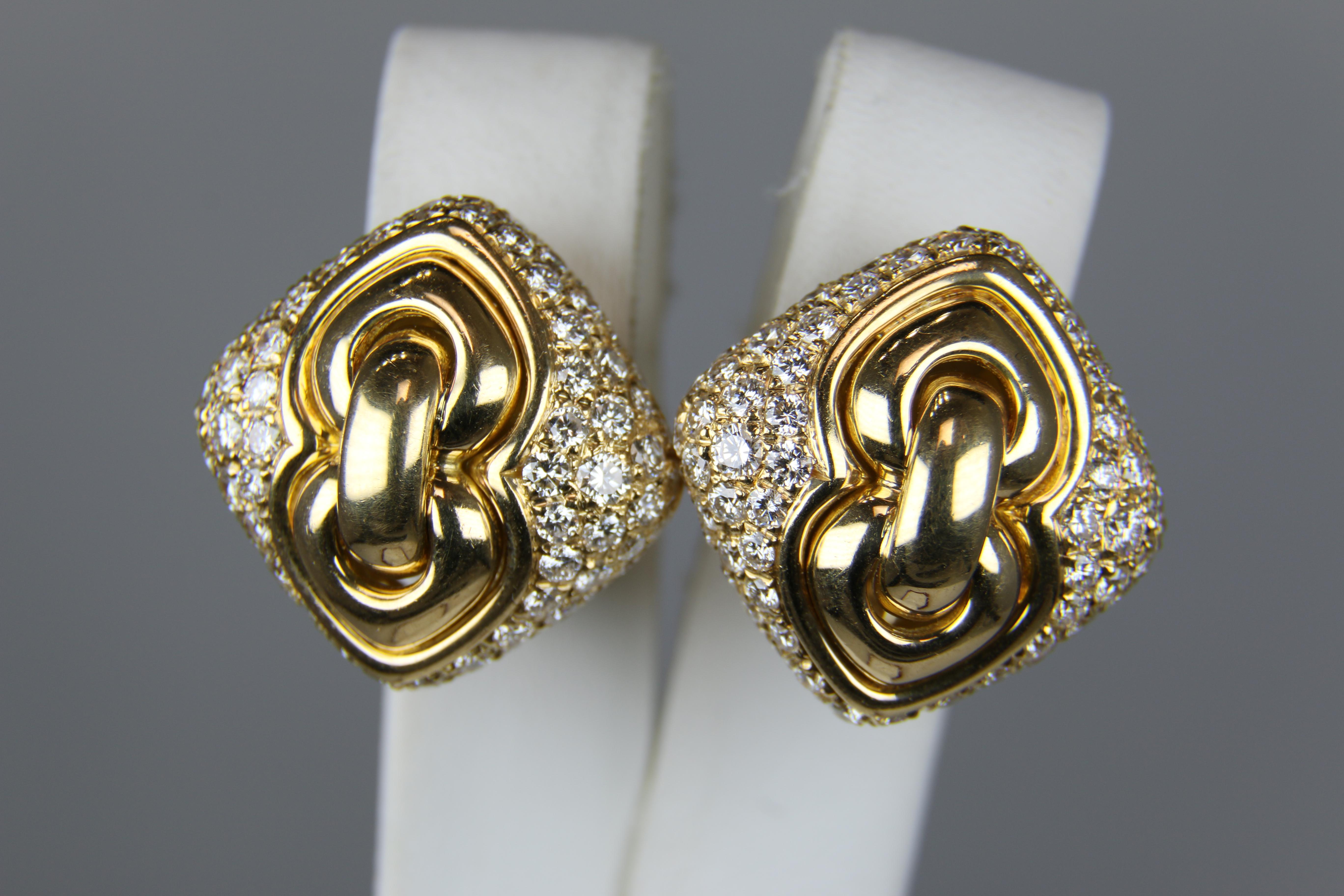 Round Cut Bulgari Yellow Gold Pave Diamond Square Earrings