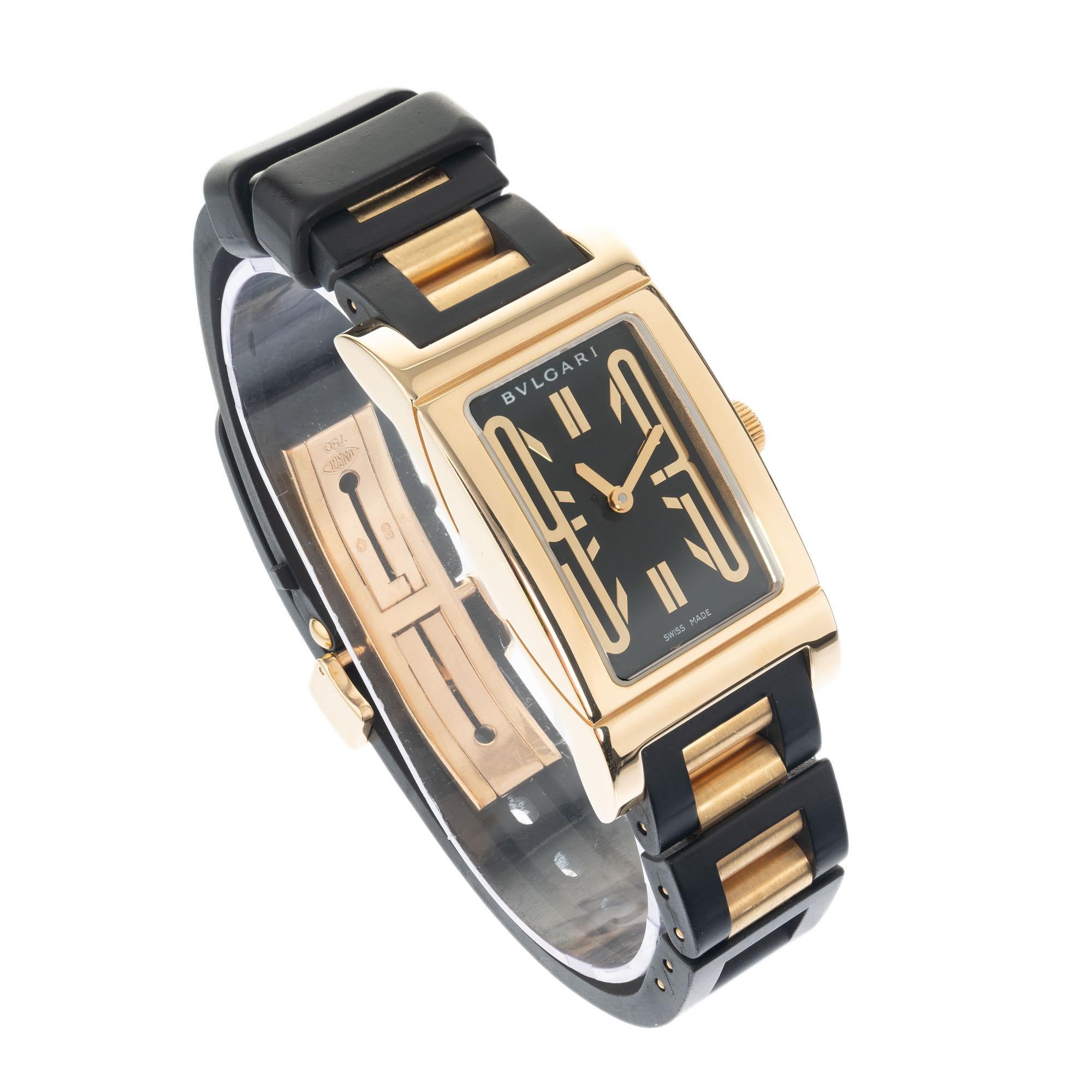 Well-crafted for Bvlgari 18k yellow gold ladies Rettangolo quartz watch. 18k yellow gold and rubber band with an Bvlgari deployment buckle. Length: 6.5-7.5 Inches

Length: 38.75mm
Width: 20.98mm
Band width at case: 15mm
Case thickness: 7.33mm
Band: