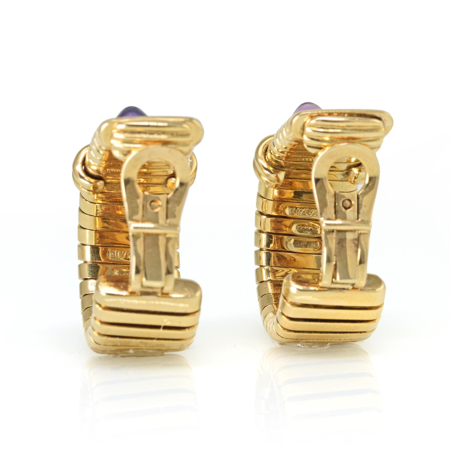 Bvlgari Yellow Gold Tubogas Pyramid Cabochons Amethyst Clip-On Earrings In Excellent Condition In New York, NY