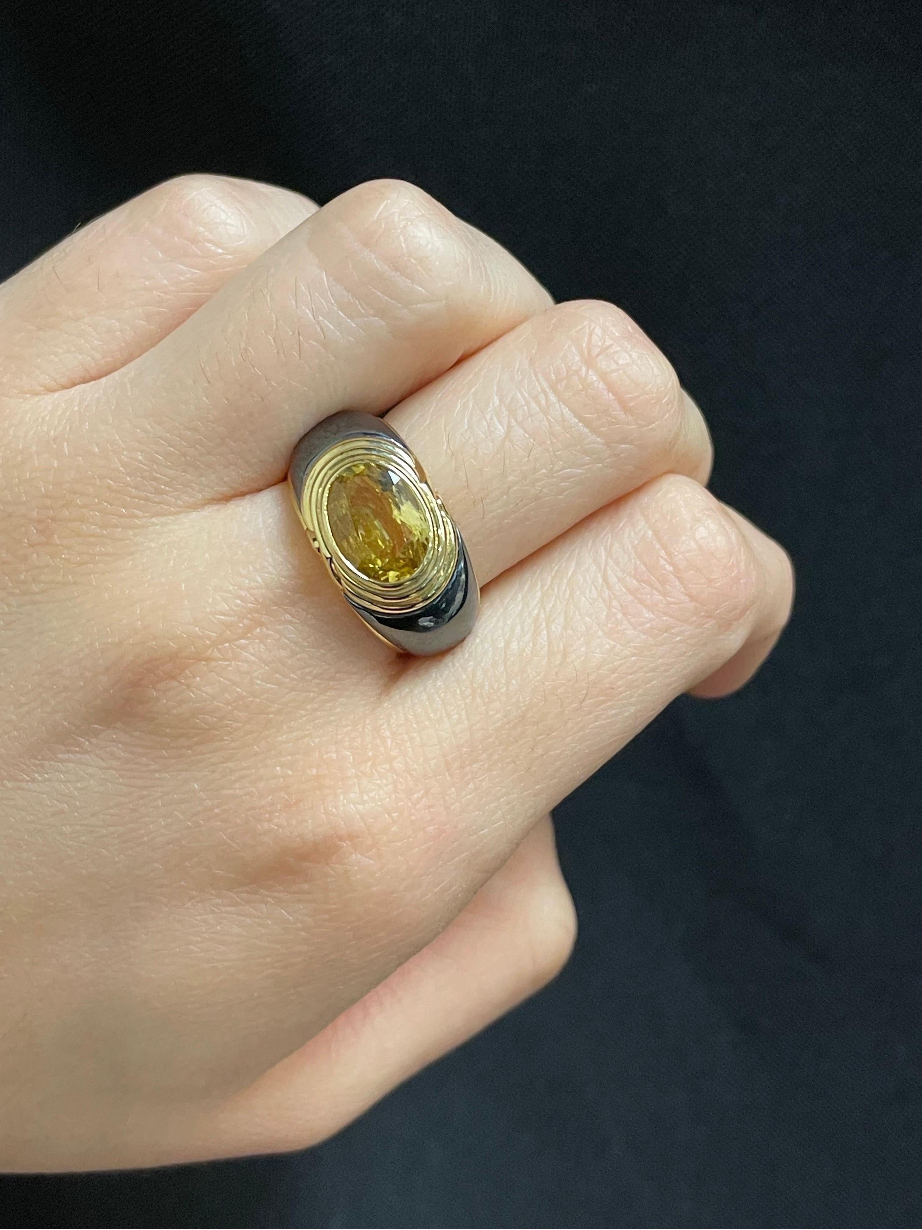 Bvlgari Yellow Sapphire Men's Ring

A ring by Bulgari set with an oval yellow sapphire and accented by hematite

Approximate Sapphire Weight: 4.4 carats
Signed: Bulgari (partially rubbed)
Ring Size: 7 
Resizable free of charge
Metal Type: 18 Karat