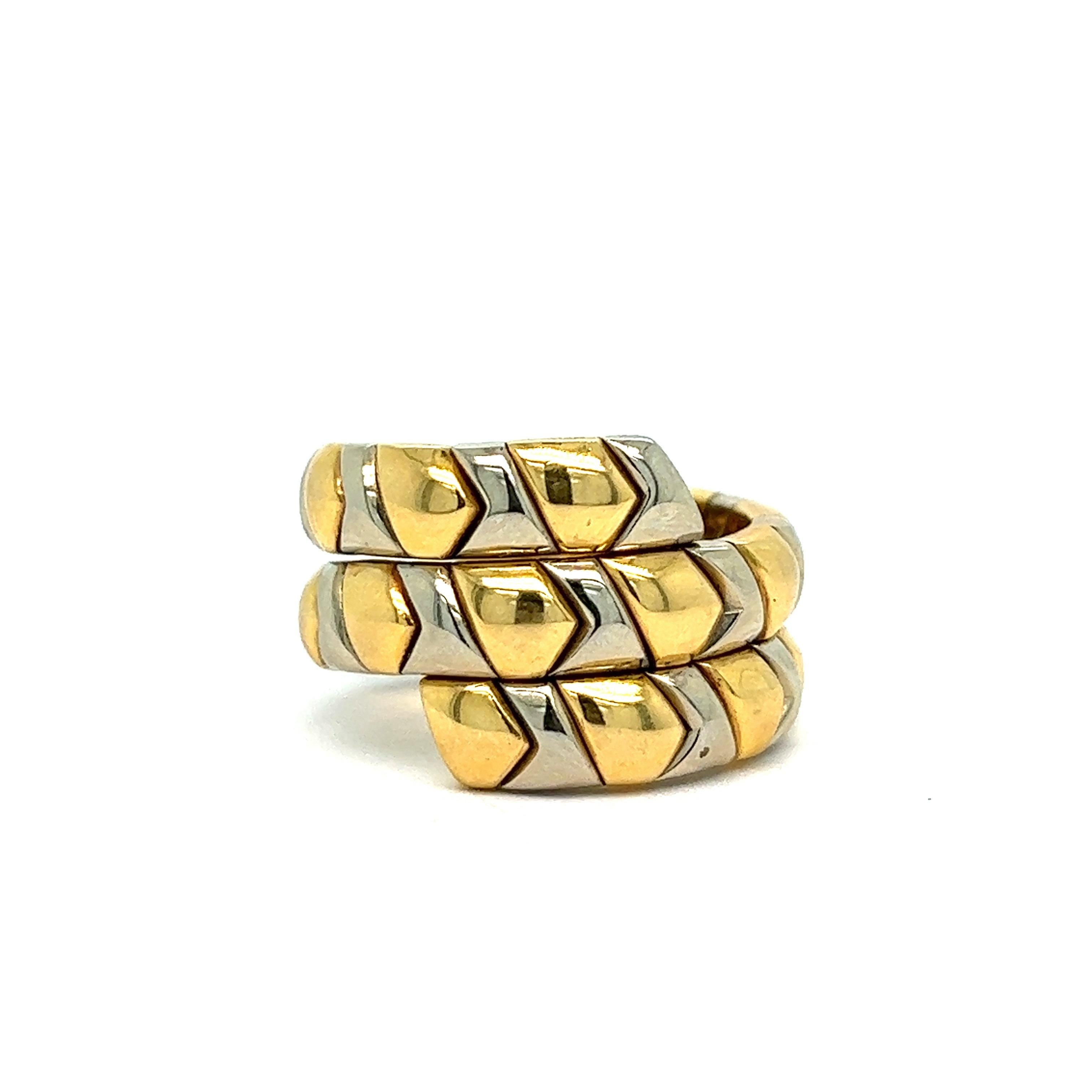 Bvlgari yellow and white gold wrap ring

18 karat yellow and white gold; marked Bvlgari, 750

Size: 6.25 US
Total weight: 16.5 grams
