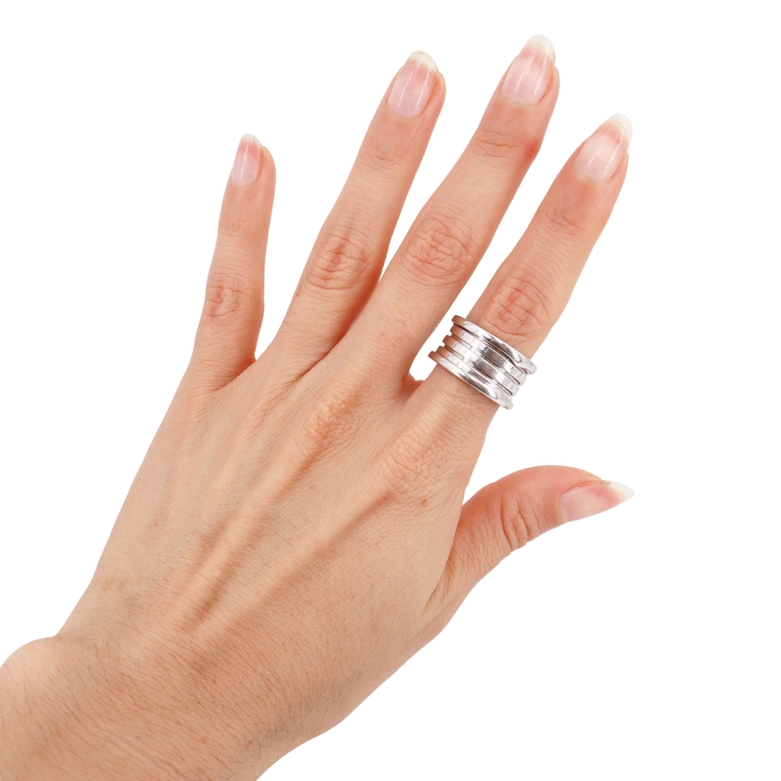 Introducing the iconic Bvlgari B.Zero1 ring, featuring a distinctive four-band design. Drawing inspiration from the world-renowned Colosseum, this ring is a true testament to Bvlgari’s creative vision, boldly challenging the very essence of jewelry