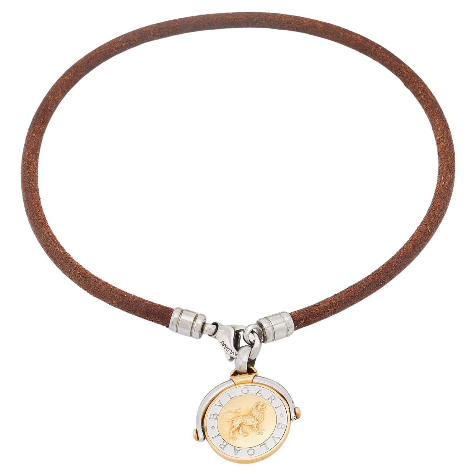 Bvlgari Zodiac 18k Two Tone Gold Leather Cord Pendant Necklace