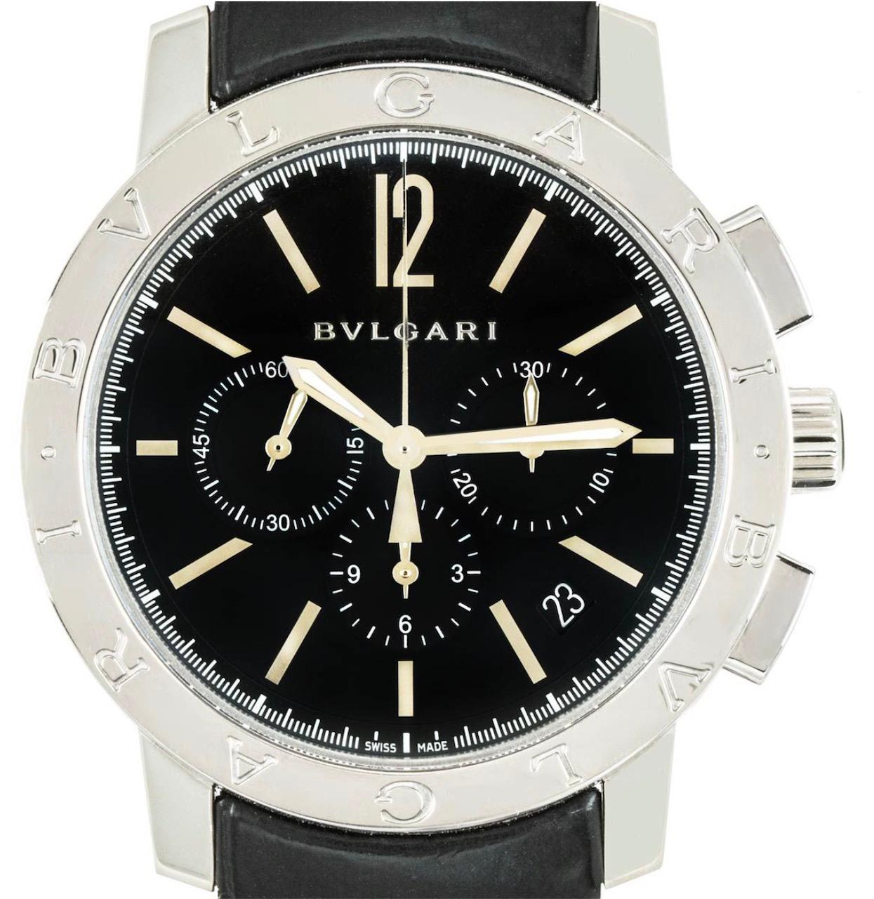 A men's 41mm stainless steel Chronograph wristwatch by Bvlgari. Features a black dial with applied hour markers, chronograph counters and a fixed stainless steel bezel set with the Bvlgari logo. The watch is further fitted with a sapphire glass, a