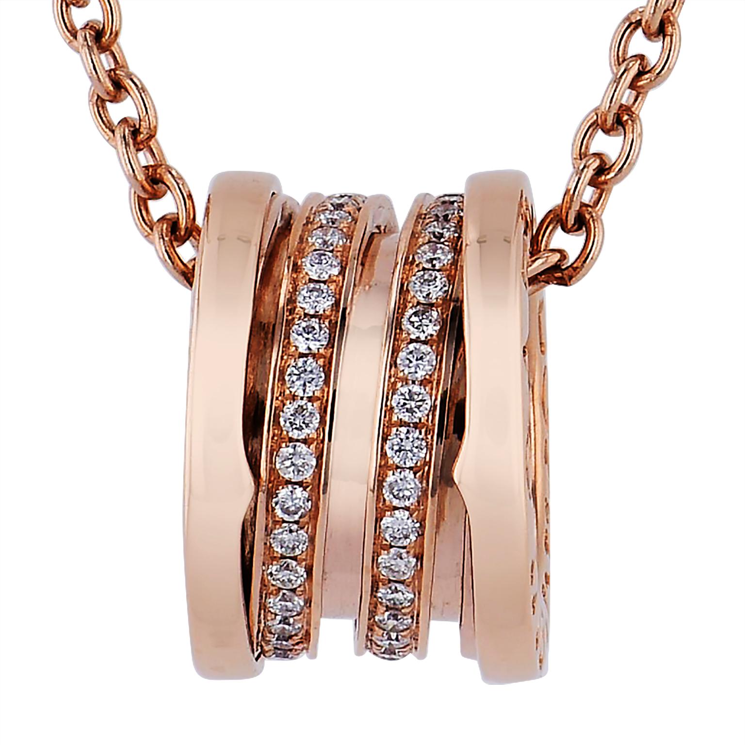 Enjoy this previously loved Bvlgari 18 karat rose gold B. Zero pendant necklace, featuring brilliant cut pave set diamonds. Retail price $5.600.