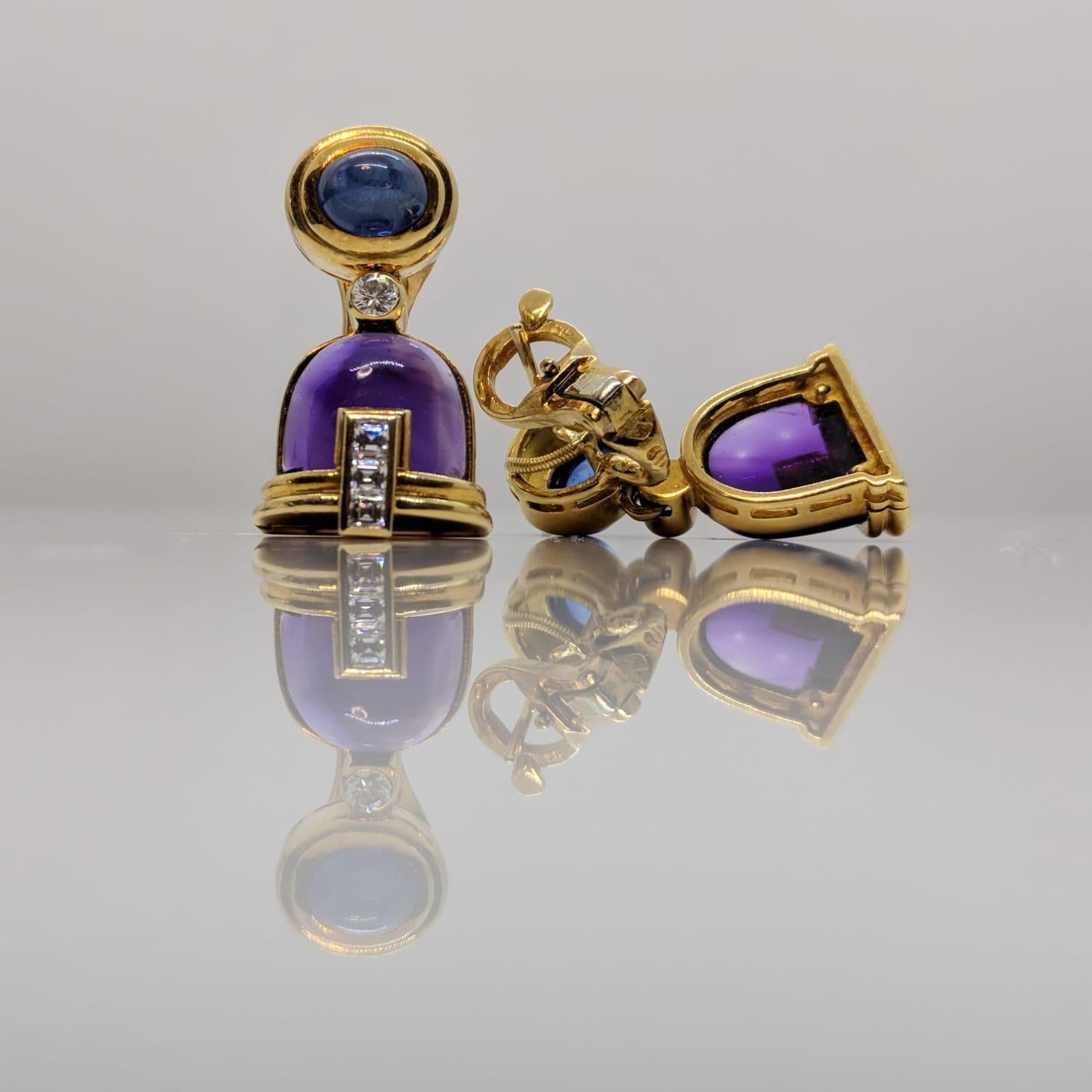Bulgari 18k gold amethyst, cab sapphire and diamond earrings . One inch long , 1/2 inch wide