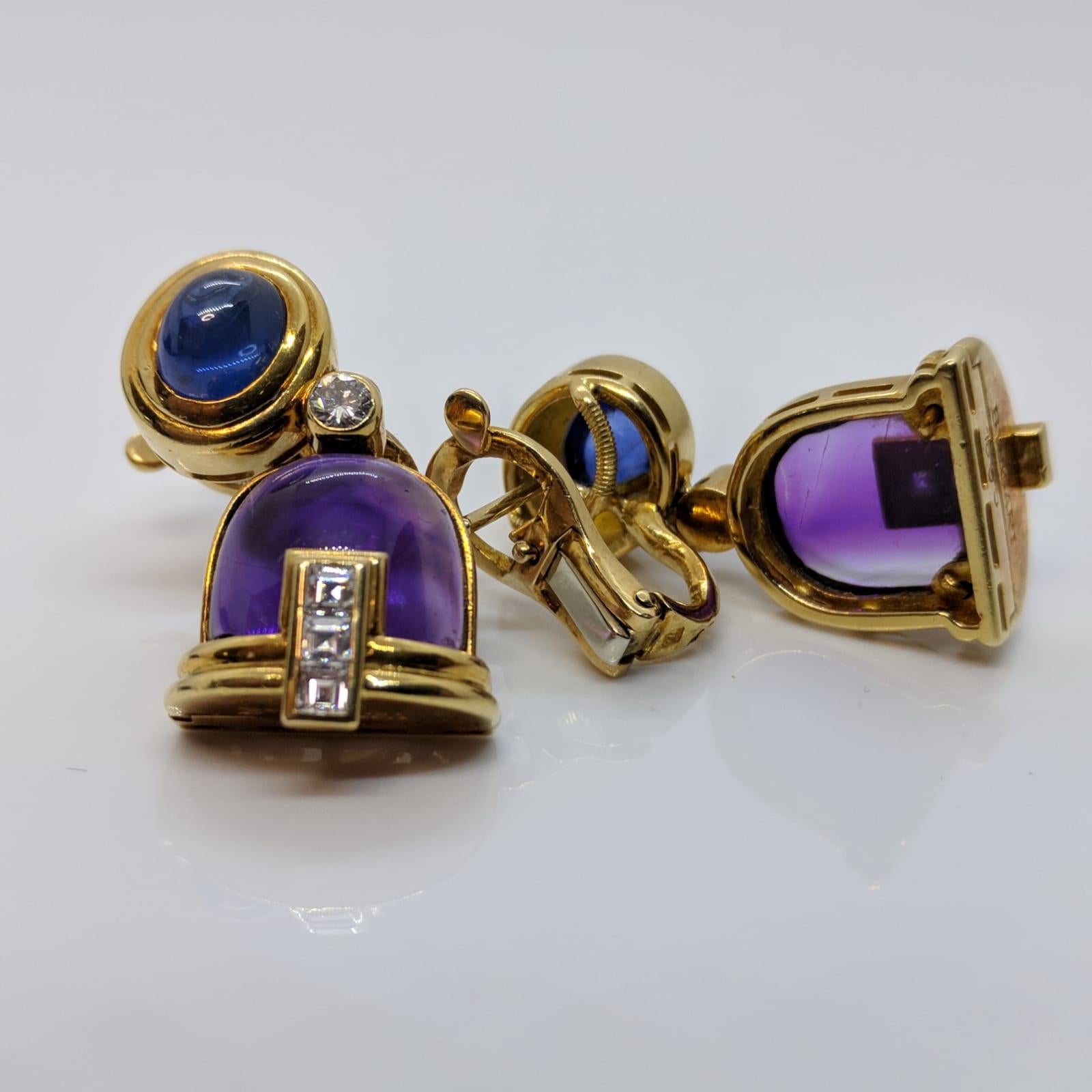 Women's Bvulgari 18 Karat Gold Amethyst, Cabochon Sapphire and Diamond Earrings