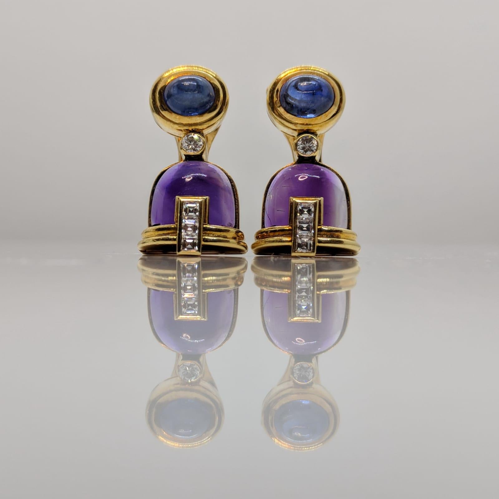 Bvulgari 18 Karat Gold Amethyst, Cabochon Sapphire and Diamond Earrings 3