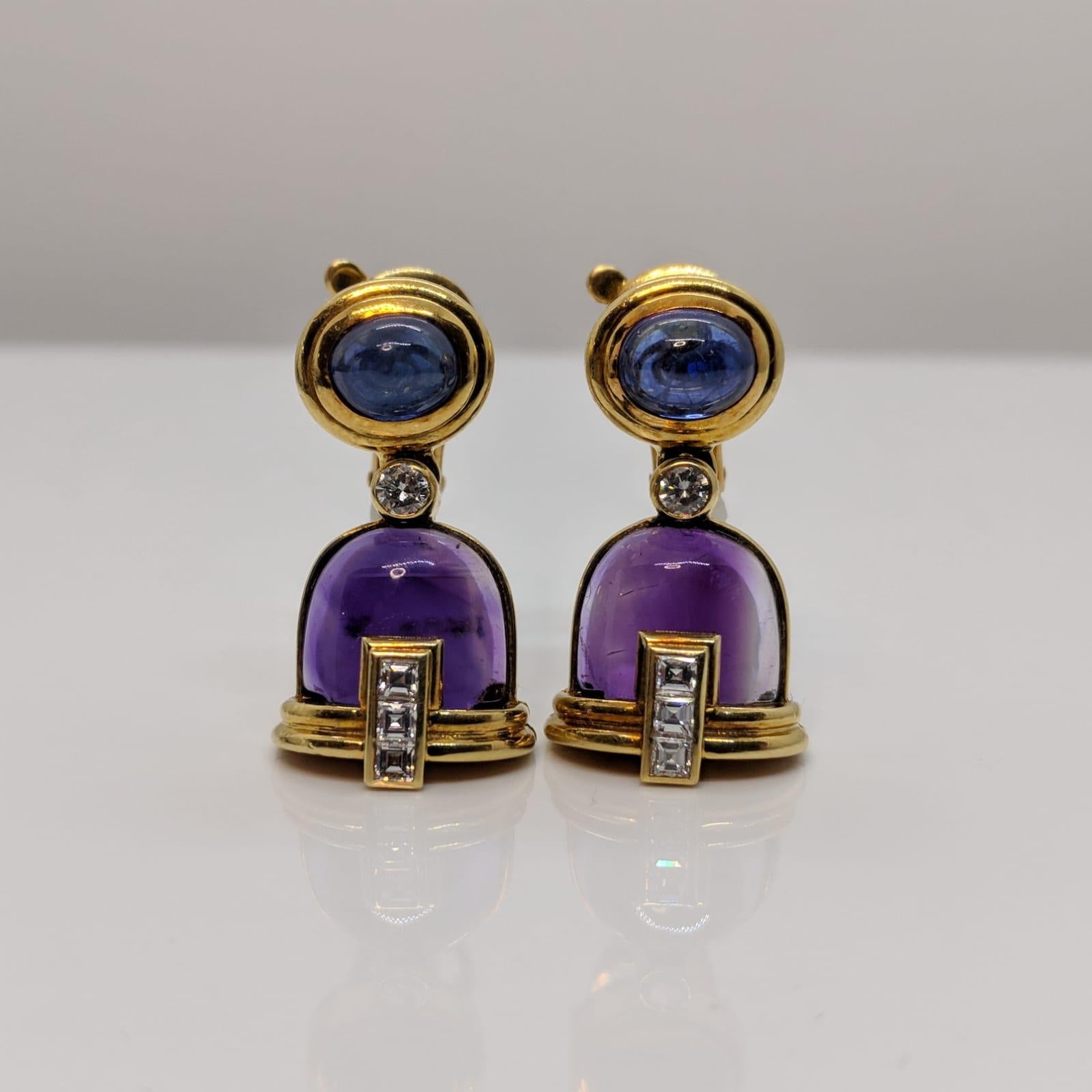 Bvulgari 18 Karat Gold Amethyst, Cabochon Sapphire and Diamond Earrings 4