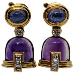 Bvulgari 18 Karat Gold Amethyst, Cabochon Sapphire and Diamond Earrings