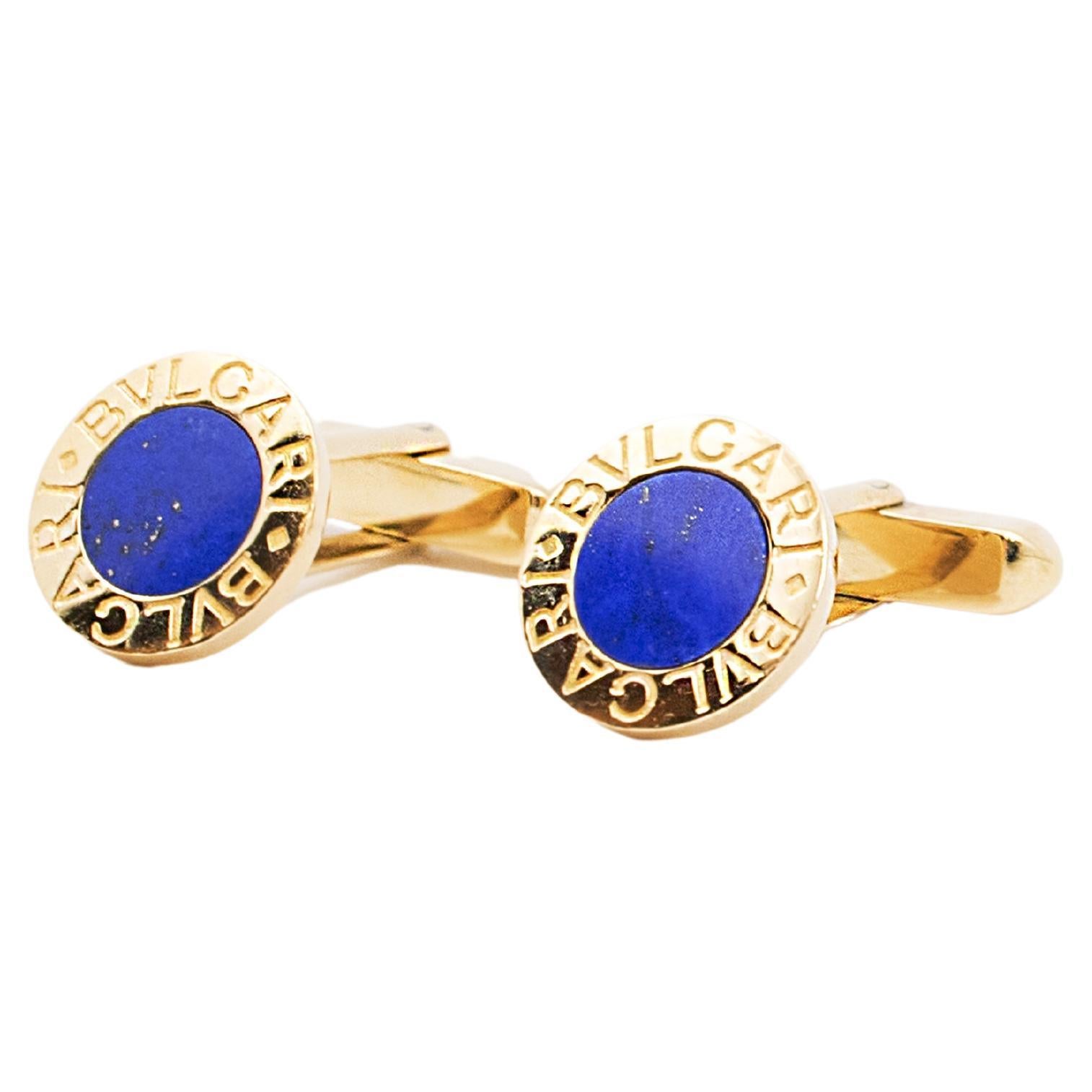 Bvulgari 18 Karat Yellow Gold and Lapis Lazuli Vintage Cufflinks For Sale