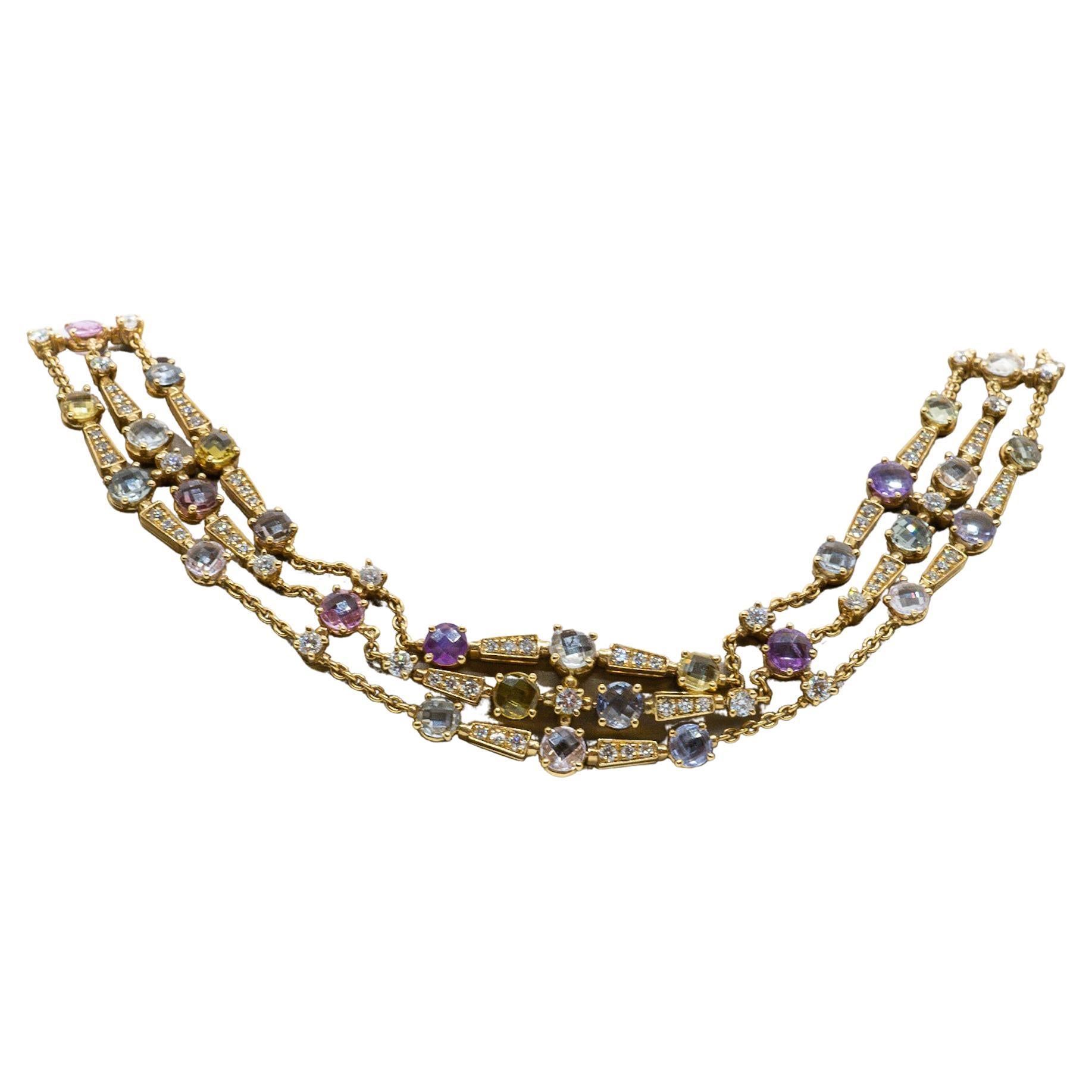 This exquisite necklace is a true masterpiece of fine jewellery. Crafted from 18k yellow gold, it features a stunning array of different colored sapphires, totaling an impressive 18.4 carats. The sapphires are beautifully arranged in a way that
