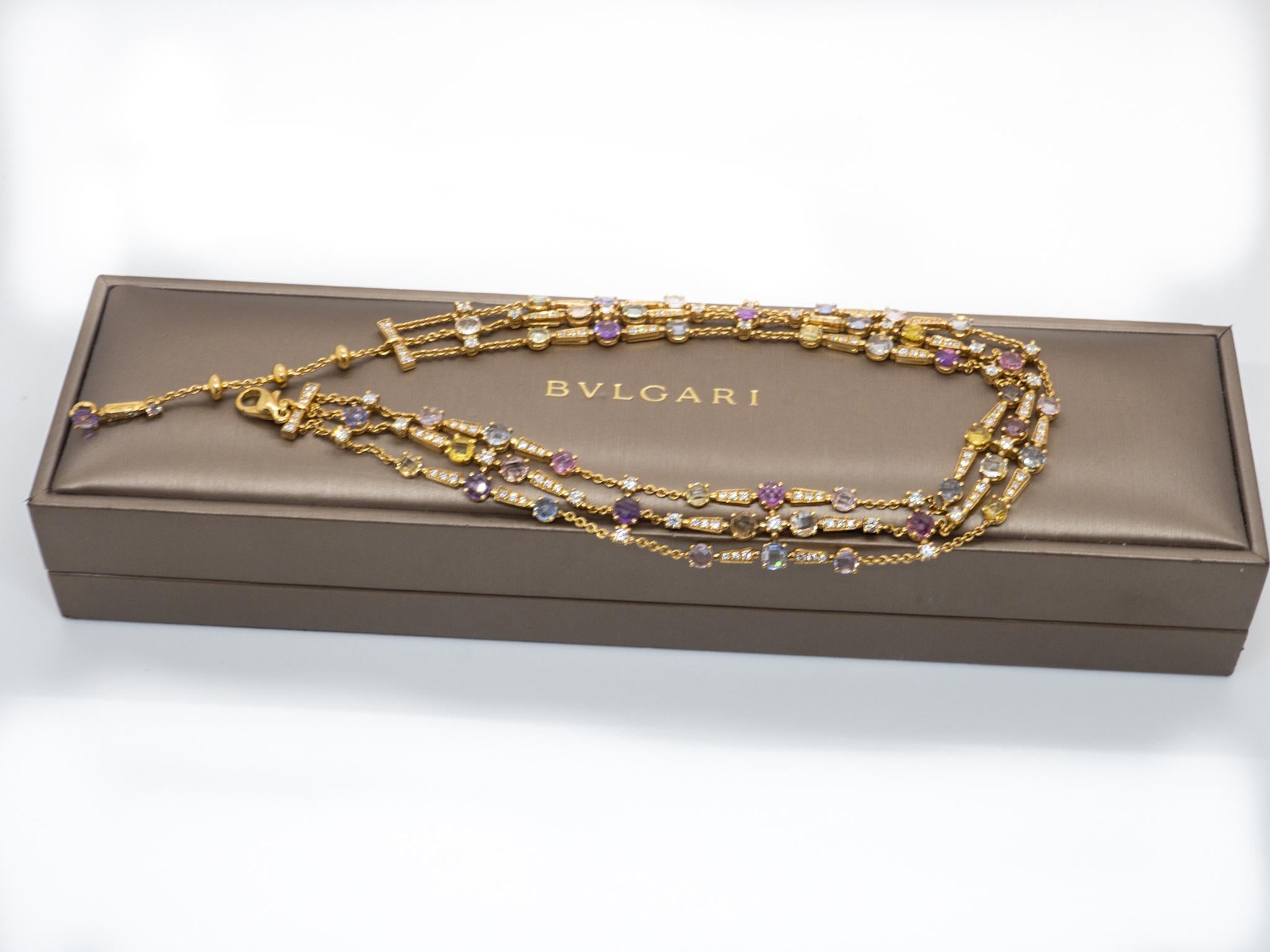 Bulgari Allegra Diamond and Multicolore Sapphire Necklace 18 Karat Yellow Gold  In Excellent Condition For Sale In Geneva, CH