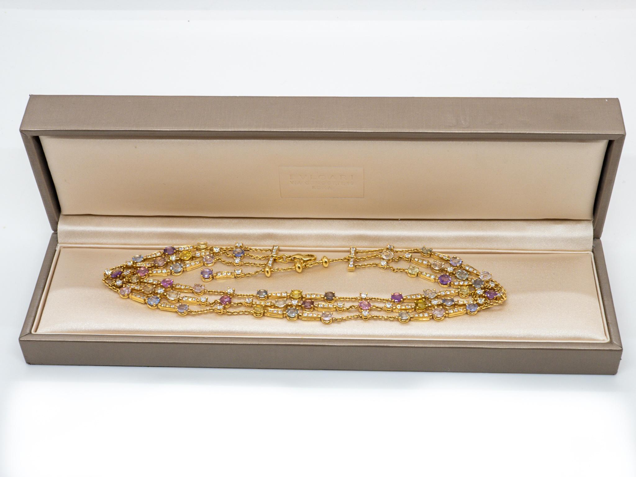 Women's or Men's Bulgari Allegra Diamond and Multicolore Sapphire Necklace 18 Karat Yellow Gold  For Sale