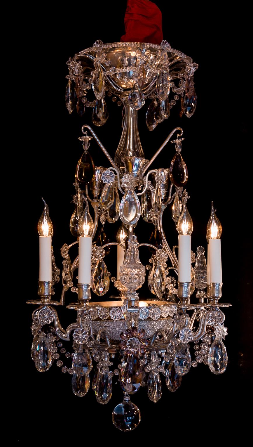 Louis XVI Attributed to Baguès French Pair of Silver Plate and Cut Crystal Chandeliers
