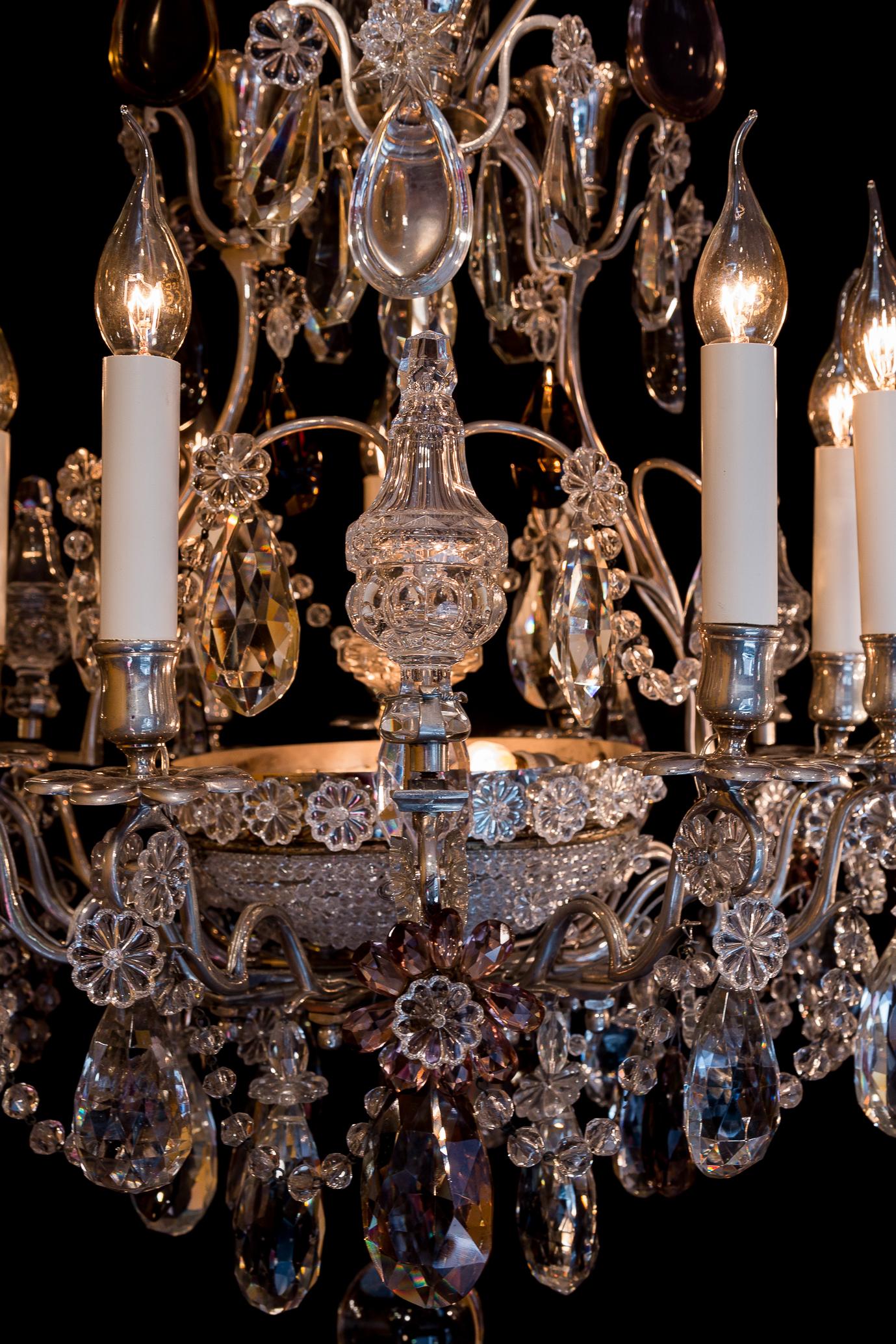 Bronze Attributed to Baguès French Pair of Silver Plate and Cut Crystal Chandeliers