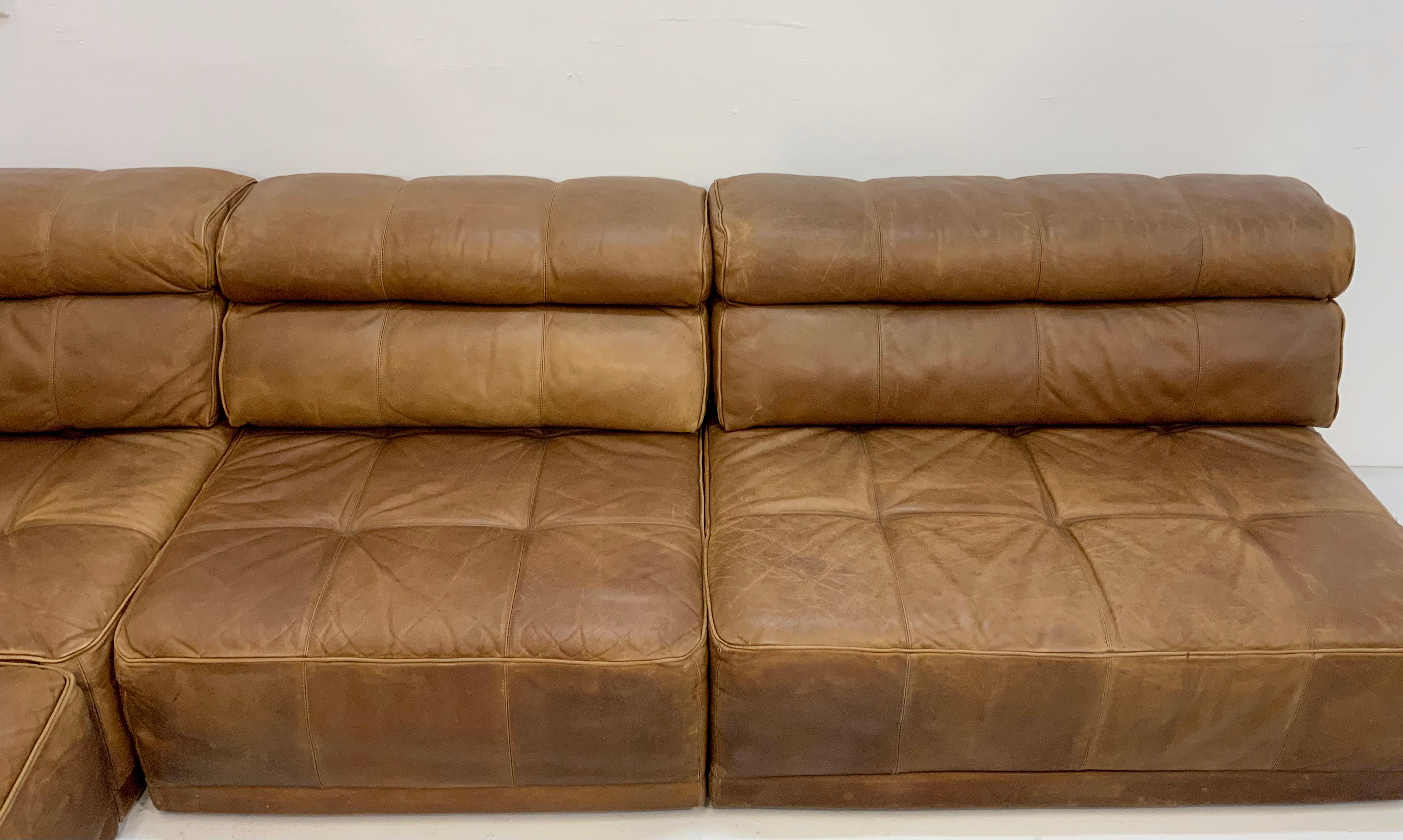 by COR 70s Modular Vintage Patinated Patchwork Leather Lounge Sofa in Trio Style For Sale 4