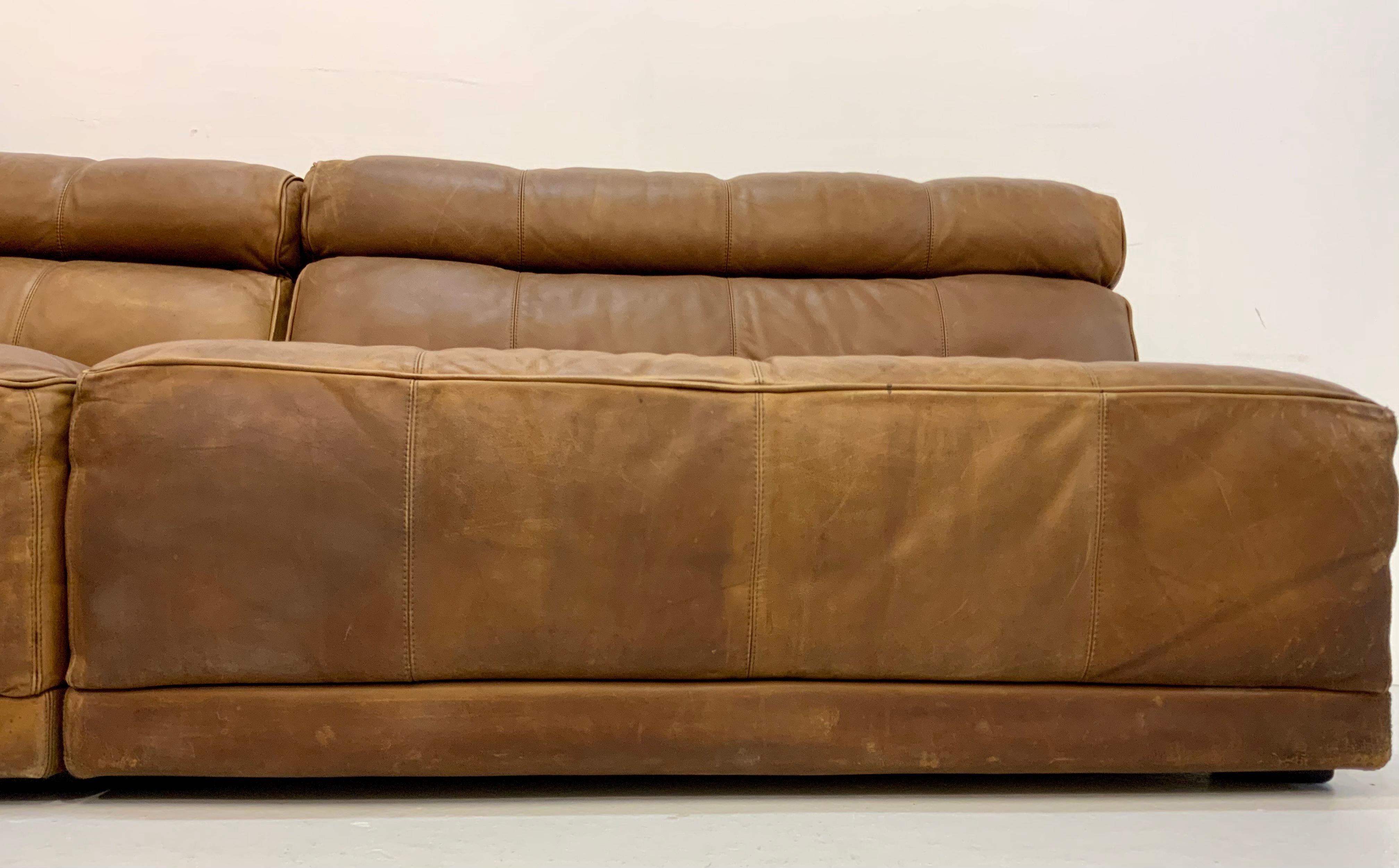 by COR 70s Modular Vintage Patinated Patchwork Leather Lounge Sofa in Trio Style For Sale 5