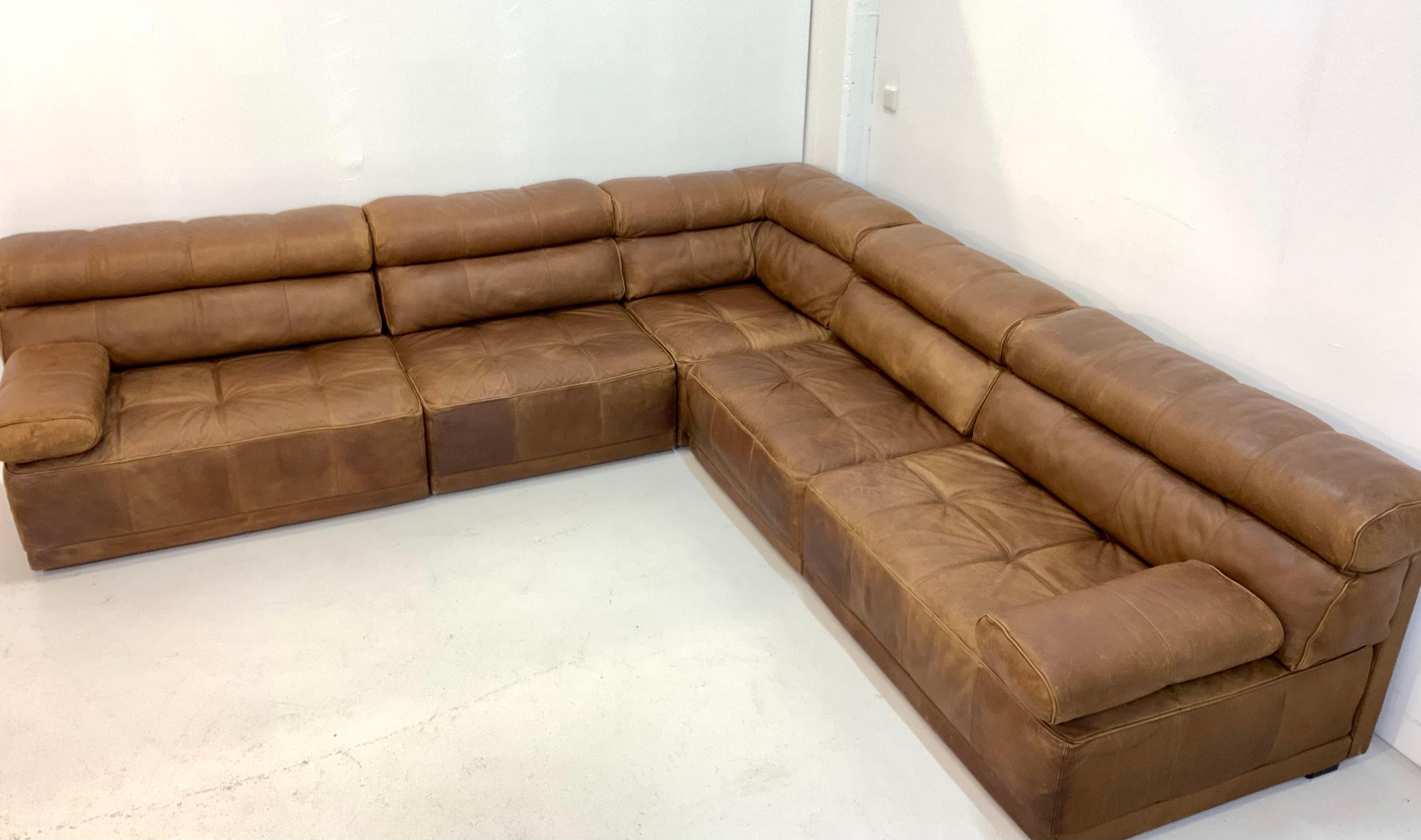 German by COR 70s Modular Vintage Patinated Patchwork Leather Lounge Sofa in Trio Style For Sale