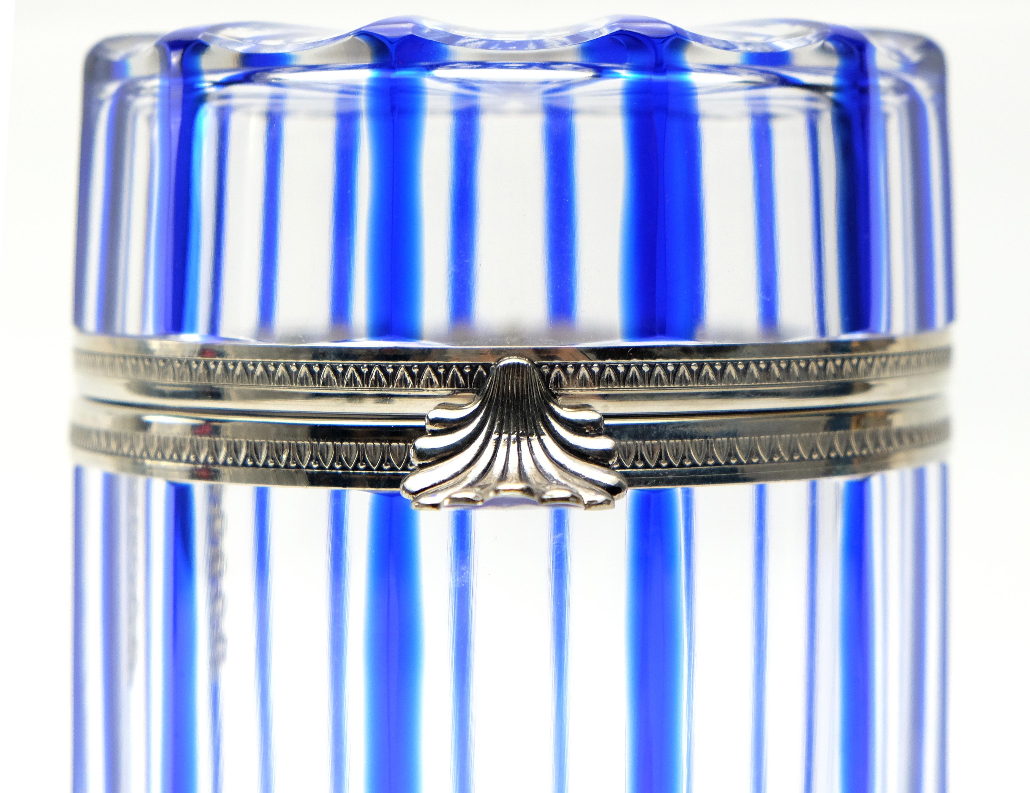 France cobalt blue and cut crystal lidded box by Cristal Benito, offered for sale is a cobalt blue and cut crystal box with a hinged lid by crystal Benito originally designed as part of the 1950s collection. The crystal is accented by silvered