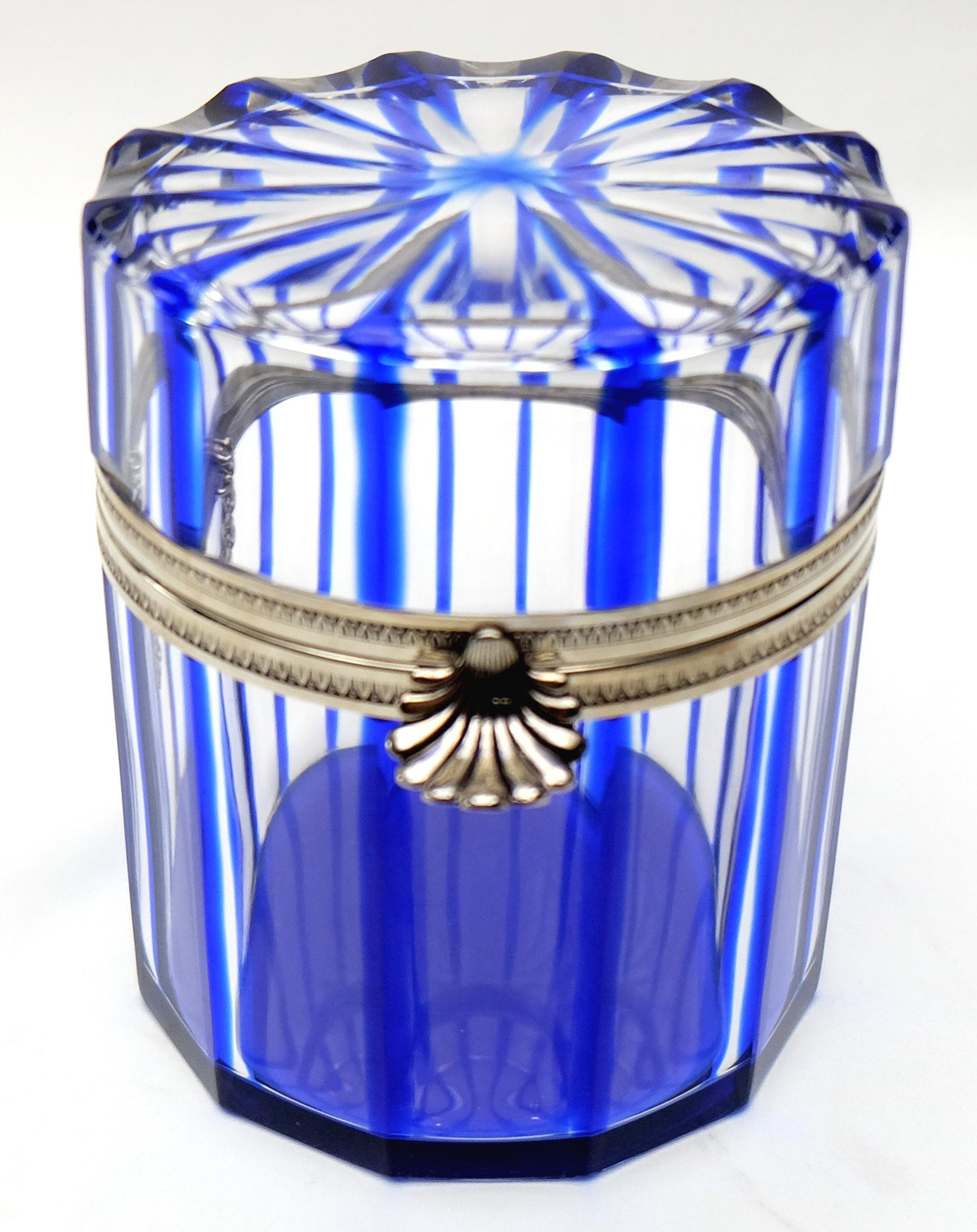 Neoclassical France Cobalt Blue and Cut Crystal Lidded Box by Cristal Benito For Sale