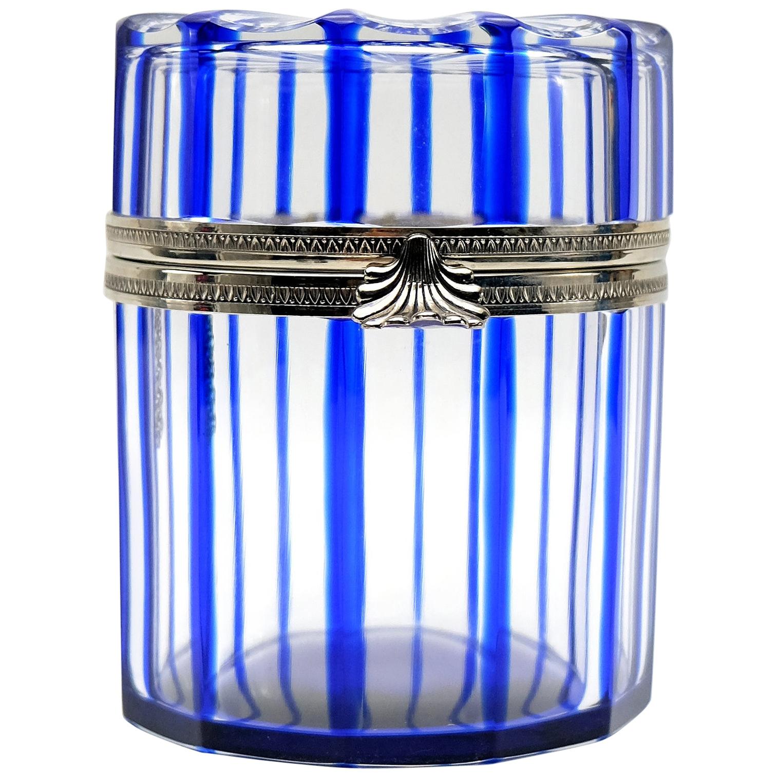 France Cobalt Blue and Cut Crystal Lidded Box by Cristal Benito For Sale