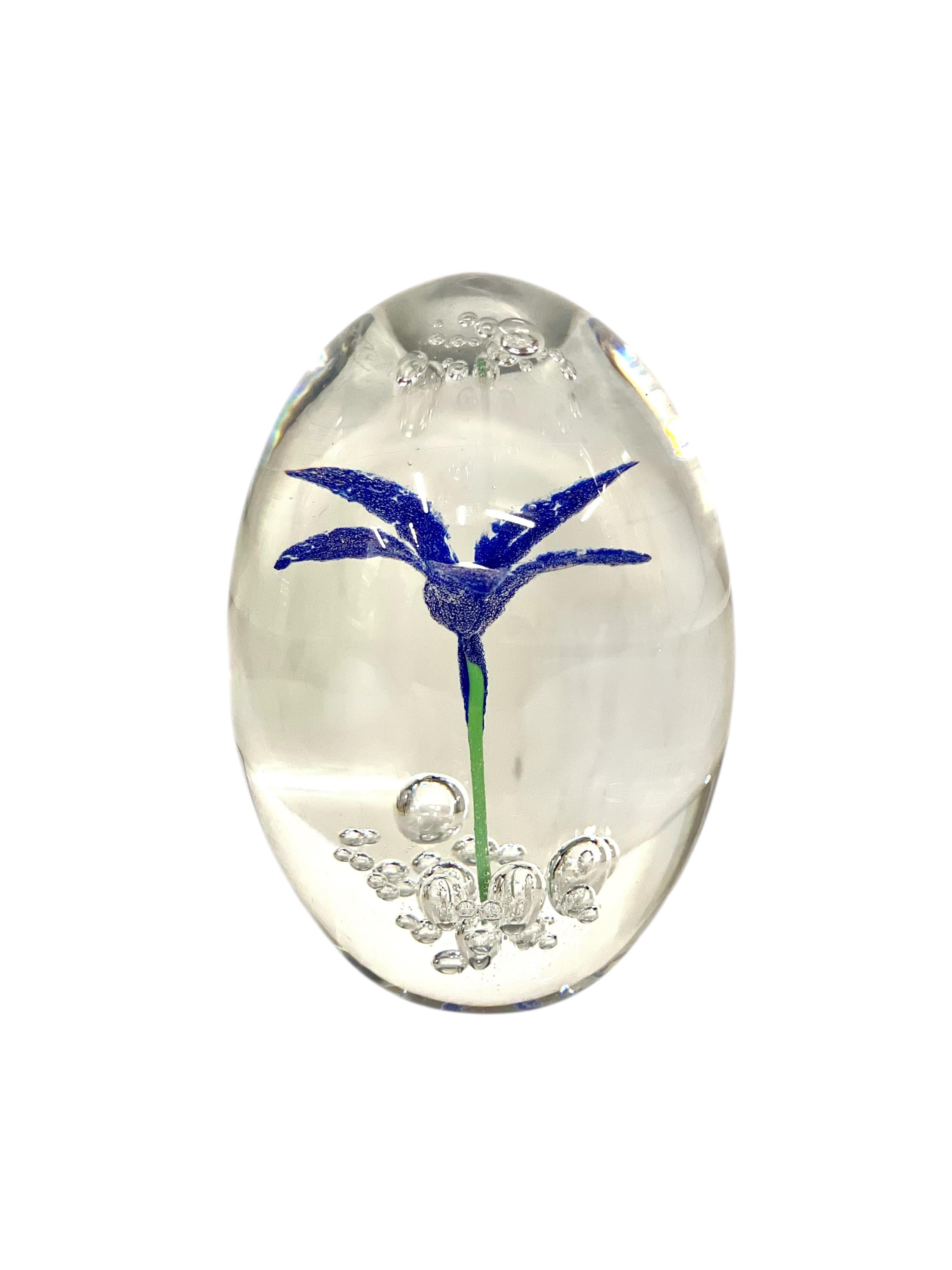 By DAUM Sulphide Paperweight with Blue Flower For Sale 5