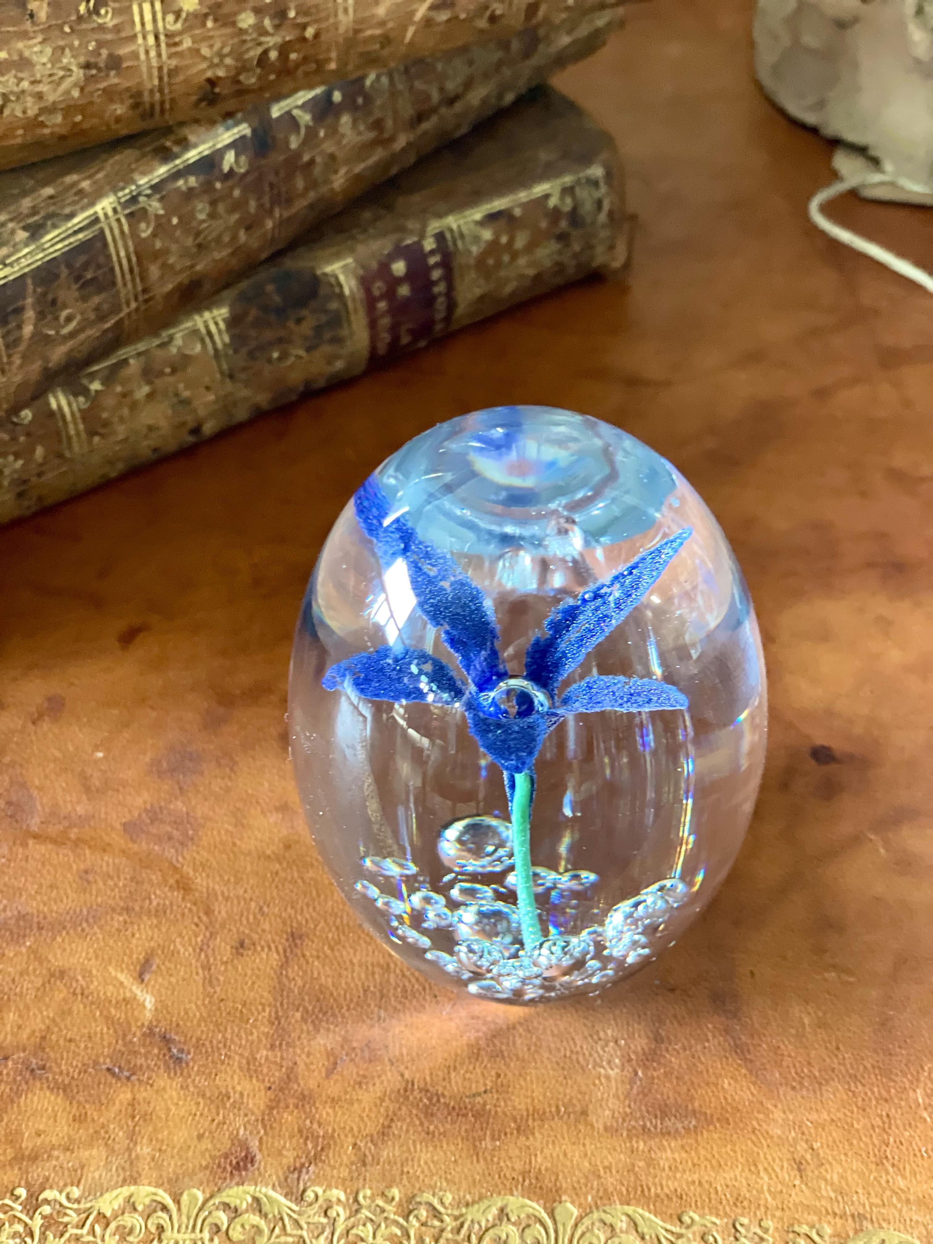 By DAUM Sulphide Paperweight with Blue Flower For Sale 4